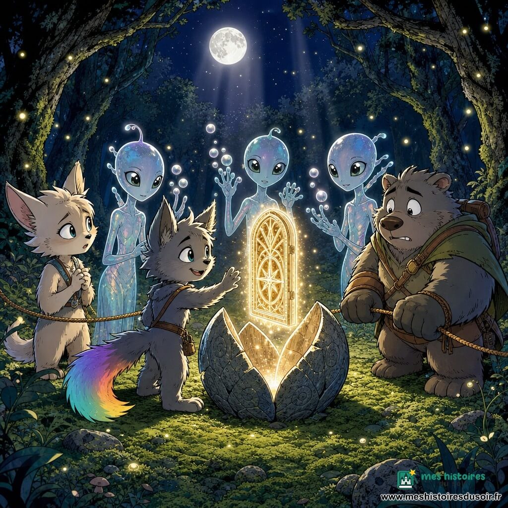 Lumo, petit animal anthropomorphe à fourrure grise nuageuse, oreilles pointues et queue changeant de couleur, regarde déterminé et tendre une sphère lumineuse au centre d'un cercle formé avec Miri, fine amie au pelage pâle et grands yeux curieux à sa gauche, Tork, compagnon trapu et anxieux mais solidaire à sa droite, et trois extraterrestres translucides irisés entre eux, tandis qu'ils tiennent mains et cordes autour d'une sphère pierreuse qui s'ouvre en pétales et fait apparaître une porte lumineuse flottante dans une clairière mousseuse ceinte d'arbres sombres sous un clair de lune argenté, petites lucioles et bulles lumineuses, ambiance nocturne magique aux verts mousse, bleus nuit et touches d'argent et de lumière chaude.