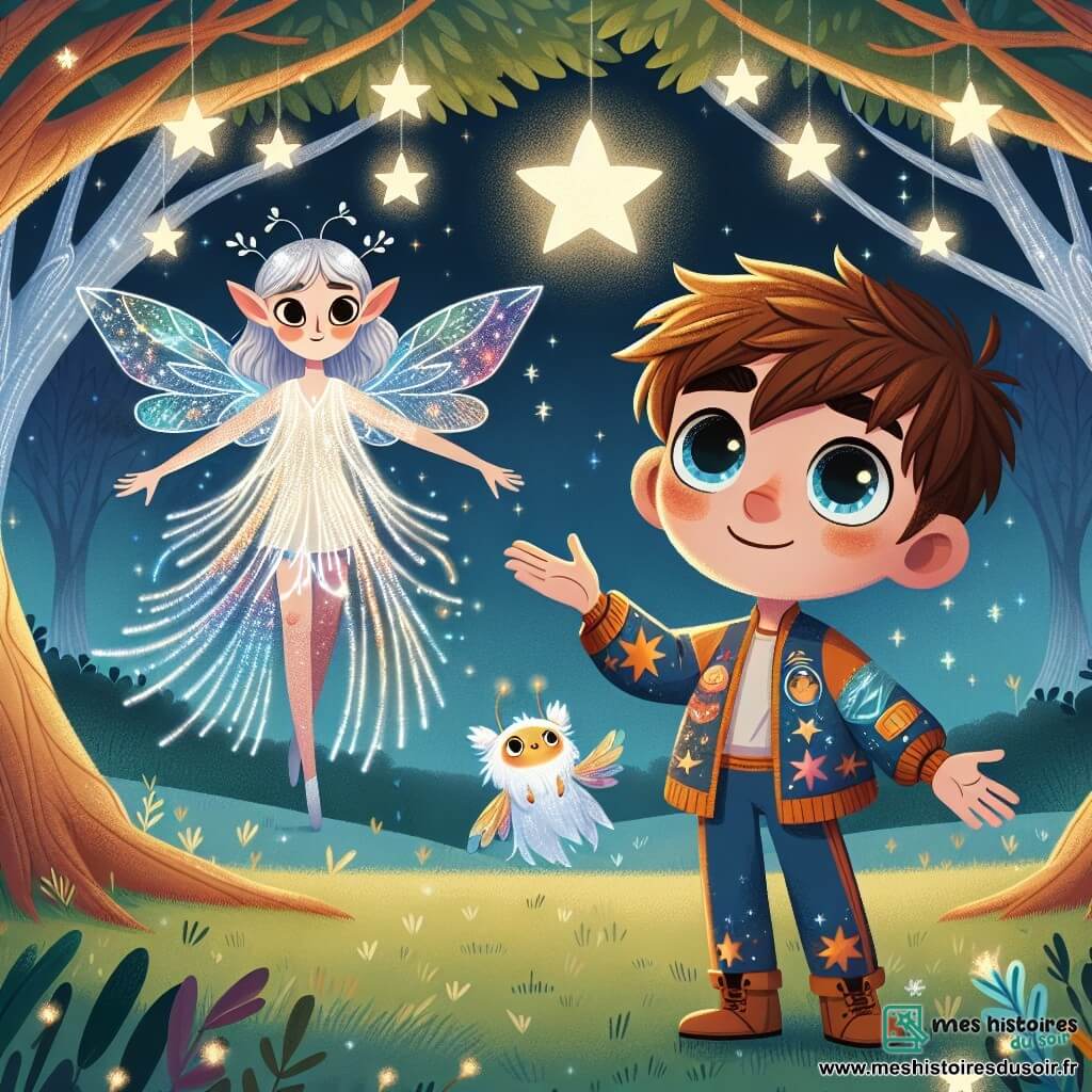 Léo, un jeune homme aux cheveux bruns et aux yeux curieux, se tient au centre de la scène, émerveillé. Il porte une combinaison spatiale colorée ornée d'étoiles et tend la main vers une étoile brillante, son visage rayonnant de joie. À ses côtés, un Gardien des Secrets, une créature féerique aux ailes translucides et aux yeux scintillants, l'observe avec bienveillance. En arrière-plan, une autre Gardienne, une jeune fille aux cheveux dorés vêtue de feuilles luminescentes, danse parmi les étoiles. La scène se déroule dans la Forêt des Étoiles, où des arbres argentés s'élèvent sous un ciel étoilé, créant une atmosphère de magie et de mystère. Léo découvre la magie de cette planète, entouré des Gardiens, tandis que des étoiles flottent autour d'eux, illuminant la scène.