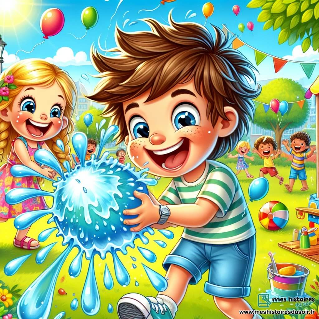 Léo, un garçon de 8 ans aux cheveux bruns en bataille et au sourire malicieux, éclate un ballon rempli d'eau au centre de l'image, provoquant un jet d'eau joyeux. À ses côtés, Mia, sa meilleure amie de 7 ans avec des cheveux blonds tressés et une robe colorée, rit aux éclats, prête à se faire arroser. En arrière-plan, un parc coloré avec des arbres, des enfants jouant et un clown jonglant, sous un ciel bleu et ensoleillé. La scène dégage une atmosphère festive pleine de rires et de bonheur.
