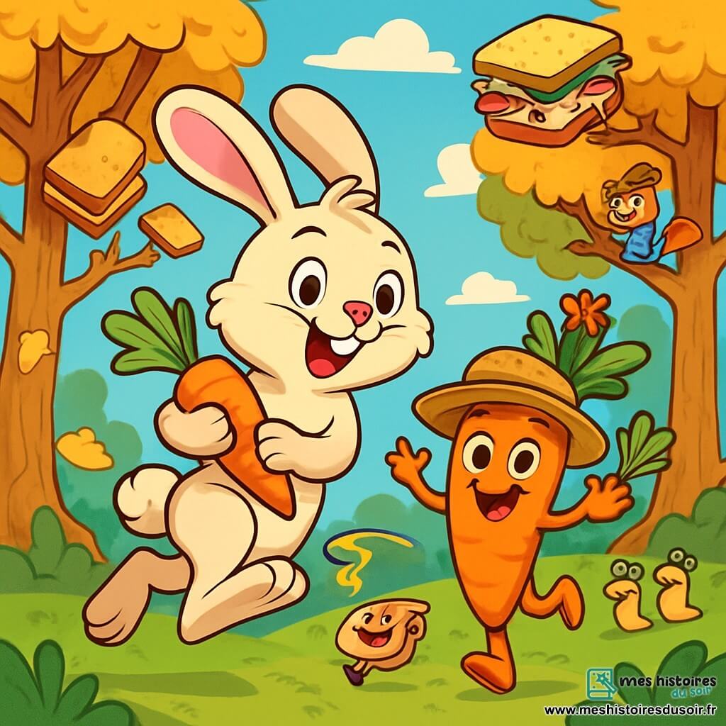 Un lapin joyeux nommé Basile, avec un pelage crème et des oreilles tombantes, saute avec un sourire éclatant en tenant une carotte brillante. À ses côtés, Carottine, une carotte anthropomorphique souriante avec un chapeau de paille, fait des gestes enjoués. En arrière-plan, la Forêt-aux-Sandwichs est peuplée d'arbres en pain doré et de sandwiches colorés. La scène montre Basile et Carottine courant après un sandwich farceur, tandis que des limaces applaudissent et des écureuils en pyjama les encouragent.