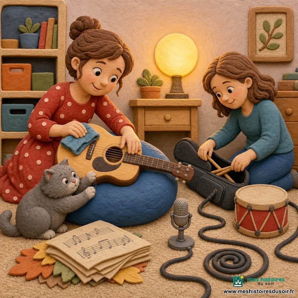Femme souriante aux cheveux châtains en chignon, vêtue d’une robe rouge à pois blancs, essuyant une guitare en bois clair posée sur un coussin bleu et remettant des baguettes dans un étui près d’un petit tambour rond, un chat gris frottant ses pattes contre les cordes, une lampe ronde jaune diffusant un halo au-dessus d’une table en bois clair, partitions empilées, câbles en spirale noirs et micro argenté sur support, pièce cosy avec tapis beige, murs pastel, étagère à boîtes colorées et armoire en bois clair ; une musicienne range ses instruments avec des gestes lents et joyeux dans une ambiance douce et ordonnée, rendu en pâte à modeler avec formes rondes et textures marquées.