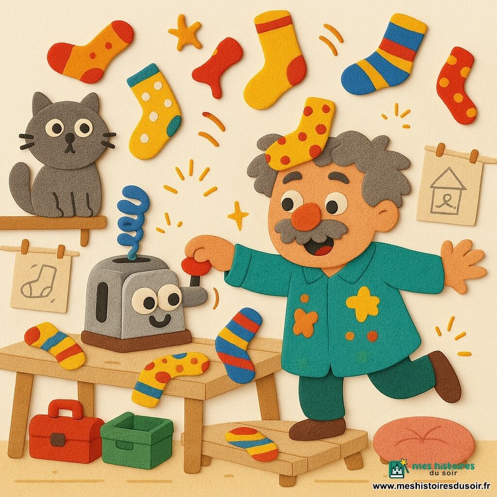 Monsieur Bidouille, sourire malicieux, cheveux gris en bataille et grosse moustache ronde, en blouse bleu-vert tachée, appuie sur un gros bouton rouge d’une machine bricolée (grille‑pain, ressort, brosse à dents) tandis qu’une chaussette posée sur sa tête et plusieurs chaussettes colorées volent et dansent autour; un chat rond et duveteux à gauche observe surpris, la queue en panache. L’atelier en bois clair, table bancale, boîtes à outils rouges et vertes et croquis au mur, montre Monsieur Bidouille en équilibre qui rit, with petites lignes de mouvement et étoiles autour des objets. Style : formes simples et arrondies, couleurs vives et aplaties, texture mousse EVA légèrement granuleuse, contours doux, ombres légères et éclats naïfs.