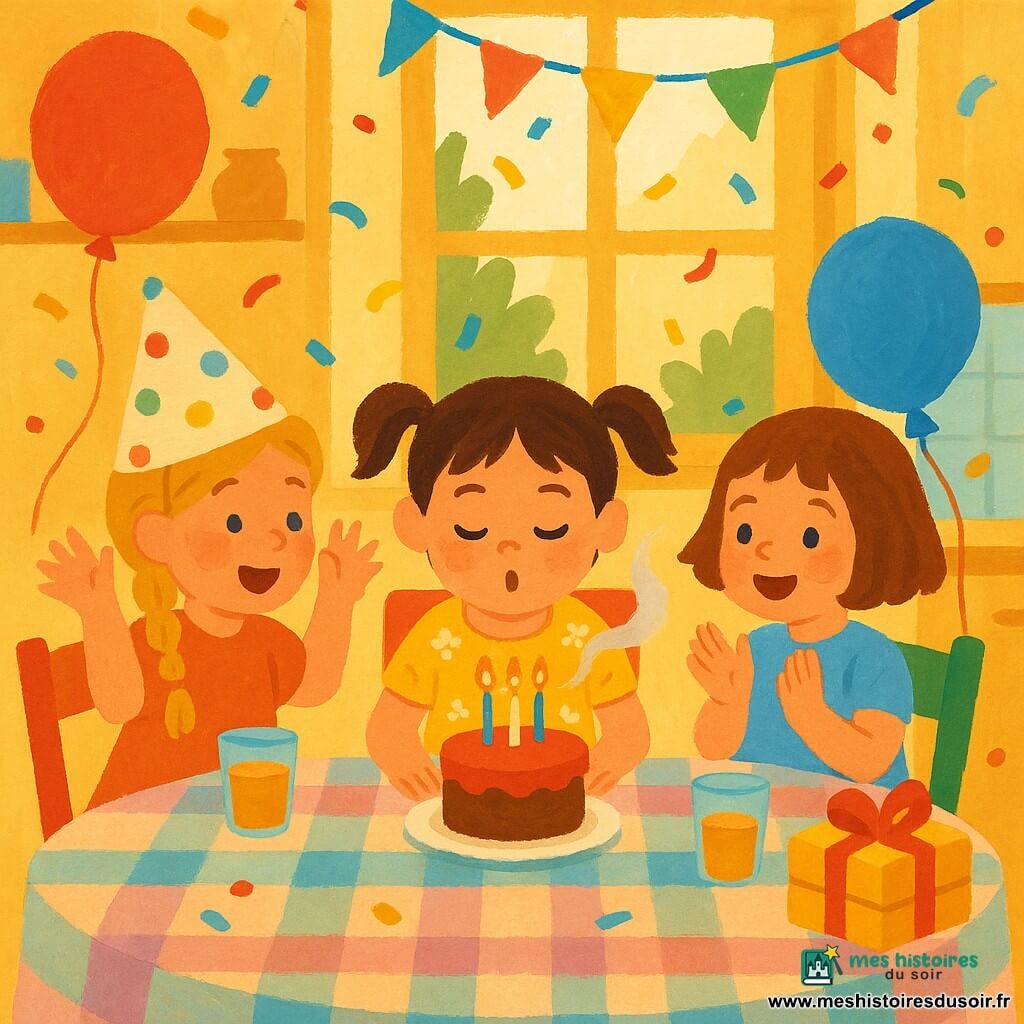 Trois filles d’environ 6 ans : Lina, brune en couettes, au centre soufflant les bougies d’un petit gâteau rond ; Zoé, blonde en tresse à gauche, mains levées de surprise et joie ; Mila, châtain court à droite, tenant un ballon bleu et applaudissant ; elles sont dans une cuisine lumineuse avec une grande fenêtre, une table en bois clair couverte d’une nappe à carreaux pastel, guirlandes, confettis, verres de jus et un paquet cadeau, ambiance chaleureuse et joyeuse aux couleurs douces.