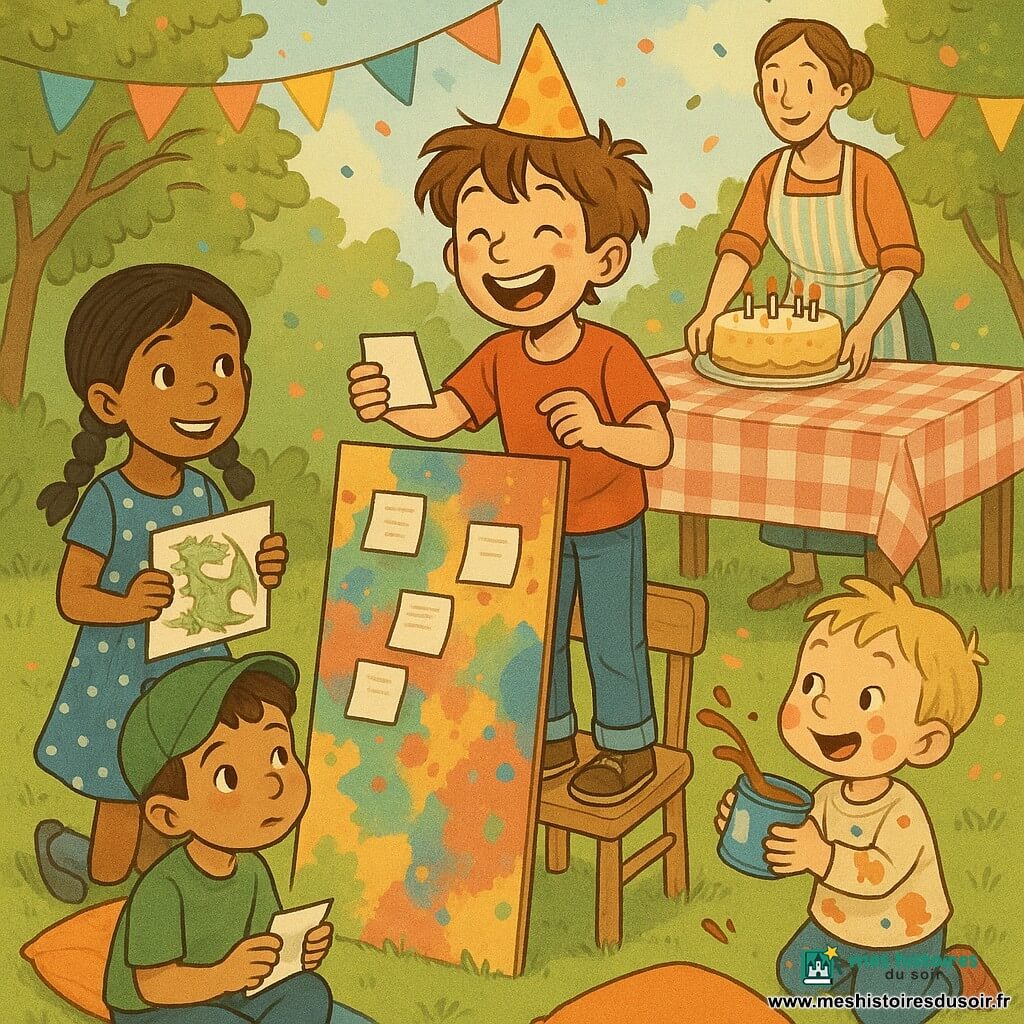 Scène d’anniversaire dans un jardin clos : un garçon de 10 ans aux cheveux châtains et yeux rieurs, debout sur une petite chaise, lit des papiers collés sur un grand carton coloré pendant qu’enfants et peinture s’agitent autour. À gauche, Ana (9 ans) en robe à pois bleus tient un dessin de dragon, Malik (9 ans) à la casquette verte est assis au sol, timide mais curieux, et Tom (3 ans) couvert de peinture brandit un pot près du bord droit du carton. La mère, cheveux attachés et tablier à rayures, pose au centre un gâteau rond à la vanille ; guirlandes, confettis et coussins complètent la décoration.