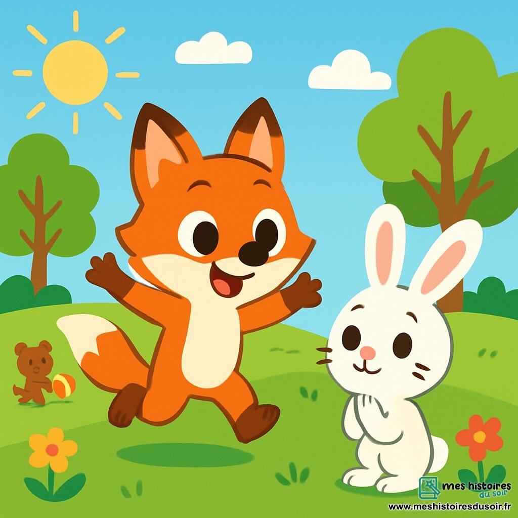 Rémi le renard, avec son pelage roux et ses grands yeux pétillants, se tient au centre de l'image, souriant joyeusement. Il saute avec enthousiasme, prêt à accueillir son ami. Léon le lapin, au pelage blanc doux et aux grandes oreilles, se tient en retrait, surpris et heureux, regardant Rémi avec un sourire timide. Le parc est verdoyant, rempli d'arbres et de fleurs colorées, où des enfants animaux jouent à la balle. Rémi court vers Léon pour lui faire un câlin, sous un soleil brillant, symbolisant leur amitié retrouvée.