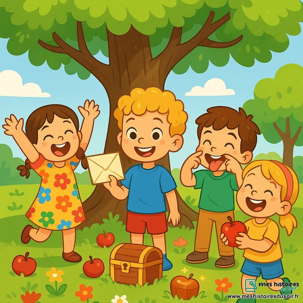 Quatre personnages principaux : Léo (8 ans, cheveux bouclés dorés, t-shirt bleu, short rouge) est au centre, souriant avec une enveloppe. Emma (7 ans, cheveux bruns en tresses, robe à fleurs) est à gauche, riant aux éclats. Tom (8 ans, cheveux châtains, t-shirt vert, pantalon beige) est à droite, faisant une grimace amusante. Mia (7 ans, cheveux blonds, bandeau rose, t-shirt jaune, short en jean) est légèrement en arrière, tenant une pomme rouge. Le lieu est un parc ensoleillé avec des arbres verts et des fleurs colorées. Les enfants sont en pleine chasse au trésor, riant ensemble, avec des pommes rouges autour et une boîte scintillante cachée sous un arbre.