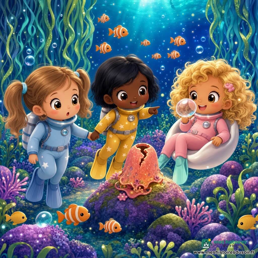 Trois filles de 4 ans explorent un jardin sous-marin coloré : Lina (châtain clair en couettes, grande combinaison bleu pâle) à gauche tient la main de Nour, Nour (cheveux noirs courts, combinaison moutarde à petites étoiles) au centre tient aussi celle de Zoé et pointe une cloche de corail rose-orange fissurée posée sur un rocher, Zoé (blonde bouclée, combinaison rose pâle) à droite est assise dans un petit fauteuil flottant blanc et souffle une grosse bulle; herbes marines en rubans, rochers moussus violets, bancs d’algues ondulants, poissons rayés orange et blanc, fond bleu dégradé avec particules lumineuses; ambiance douce, couleurs vives, textures câlines, style chibi kawaii, gestes attentionnés et expressions curieuses.