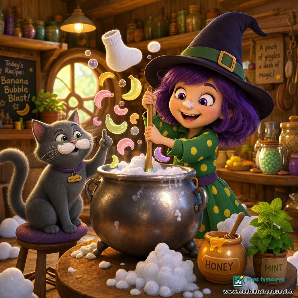 Petite sorcière Lili au visage rond, yeux brillants et sourire malicieux, cheveux courts violets, chapeau pointu souple et robe verte à pois jaunes, remue un chaudron brillant qui fait des bulles banane-colorées et une mousse blanche formant coussins sautillants, une goutte de mousse sur le nez ; à gauche, Moustache, chat gris aux grandes moustaches blanches, perché sur un tabouret, regarde le chaudron en levant une patte ; au-dessus flotte une chaussette-nuage moelleuse ; décor : cuisine magique chaleureuse en bois clair avec étagères de bocaux colorés, table ronde et lumière dorée ; ambiance douce, amusante et rassurante, rendu 3D lisse, plan moyen en légère plongée pour voir le chaudron et les expressions.