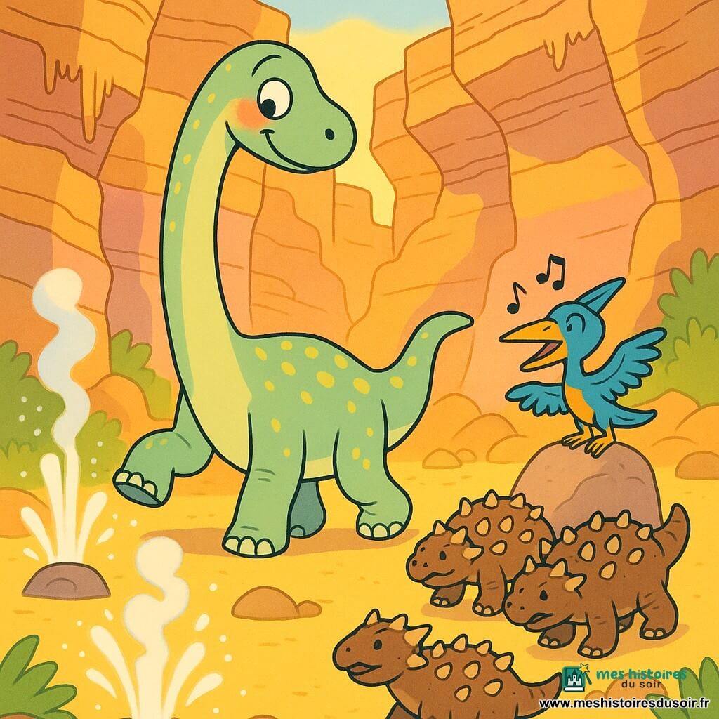 Milo, un grand diplodocus au long cou vert pâle tacheté de jaune, a une expression joyeuse et un peu timide ; il avance prudemment en levant une patte comme pour danser. Lila, un petit ptéranodon bleu et orange, est perchée sur une pierre et chante, des notes flottent derrière Milo. Une famille de trois ankylosaures trapus aux carapaces brunes frappe le sol de leurs queues en rythme sur les bords du canyon. Le canyon aux parois ocre, rose et or, avec des stalactites et une lumière dorée, s'ouvre sur un champ de geysers crachant vapeur et gouttelettes ; Milo traverse ce champ en évitant les jets, la scène dégage chaleur, mouvement et magie, composition claire adaptée aux enfants.