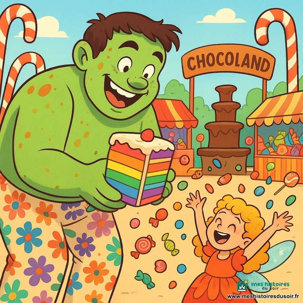 Un géant joyeux nommé Gaston mesure plusieurs mètres de haut, avec un grand sourire et des yeux pétillants. Sa peau est verte avec des taches caramel, et il porte un pantalon à fleurs. Il se penche en riant, tenant une énorme part de gâteau arc-en-ciel. À côté de lui, une petite lutine aux cheveux dorés, âgée d'environ 8 ans, en robe de pétales de fleurs, lève les bras, entourée de bonbons colorés. Plus loin, une fée aux ailes scintillantes et aux cheveux argentés observe la scène avec un sourire. La scène se déroule sur la place du marché de Chocilon, remplie de friandises, d'arbres en sucre d'orge et d'une fontaine de chocolat, créant une ambiance festive. Gaston partage le gâteau magique avec les lutins et les fées, tandis que des rires résonnent, instaurant une atmosphère de bonheur.