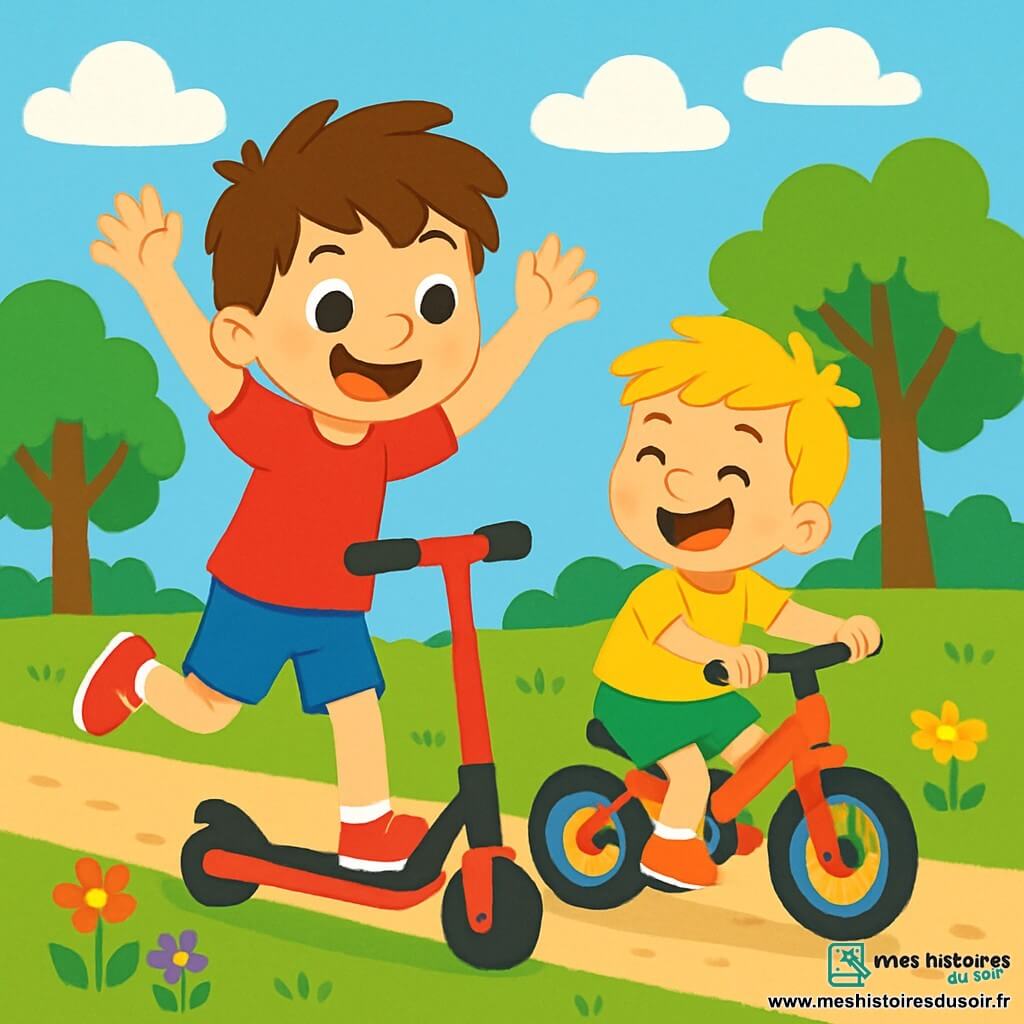 Deux personnages principaux : Tom, un garçon de 6 ans avec des cheveux bruns en bataille, un t-shirt rouge et un short bleu, qui pousse sa trottinette les bras en l'air, et Léo, 5 ans, avec des cheveux blonds, un t-shirt jaune et un short vert, riant sur son vélo. La scène se déroule dans un parc ensoleillé avec une pelouse verte, des fleurs colorées et un chemin en gravier. Tom et Léo courent ensemble, zigzaguant et riant, créant une atmosphère de bonheur.