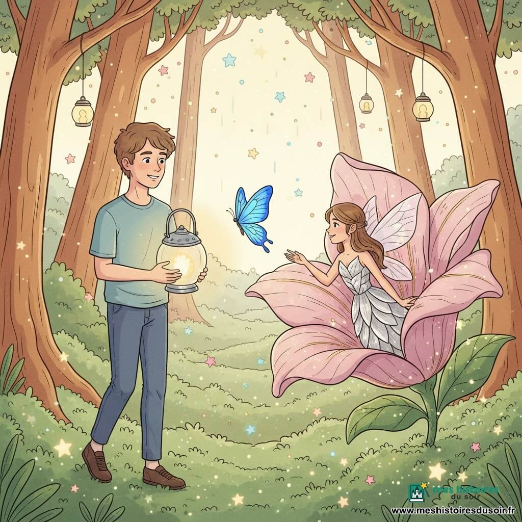 Un jeune homme souriant tient devant lui une petite lampe ronde en métal poli qui diffuse une lumière dorée et marche sur un sentier mousseux; un papillon bleu vif vole devant lui au niveau des yeux, tandis qu'une petite fée d'apparence vingtaine, vêtue d'une robe de pétales argentés, émerge d'une grande fleur rose pâle aux veines dorées et tend la main vers la lampe; la fleur forme un abri sur une clairière de mousse, entourée d'arbres aux troncs caramel parés de lanternes et d'étoiles tombantes qui couvrent le sol d'un tapis scintillant, créant une atmosphère douce, lumineuse et magique aux couleurs pastel et contours rassurants.