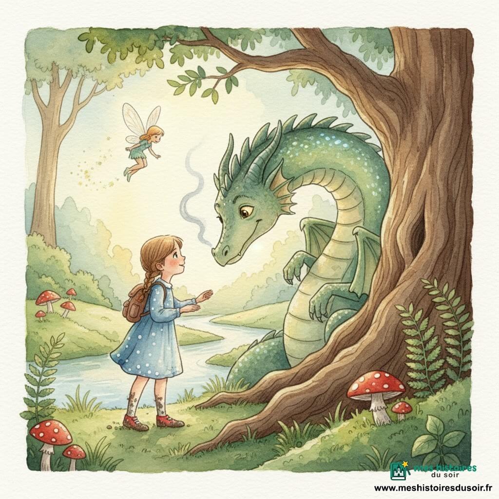 Fillette de six ans aux couettes châtain clair, robe bleue à pois blancs, chaussures rouges boueuses et petit sac à dos tend la main vers un grand dragon amical aux écailles vert irisées et yeux dorés, museau légèrement fumant, penché en courbette près d’un énorme tronc; une fée lumineuse vole au-dessus en traînant une poussière scintillante; en arrière-plan une rivière claire, champignons rouges à pois blancs et fougères encadrent l’arbre massif; lumière douce du matin, palette pastel aquarelle, textures granuleuses, atmosphère chaleureuse et magique — rencontre au pied d’un arbre ancien, moment de confiance centré sur le contact des regards.