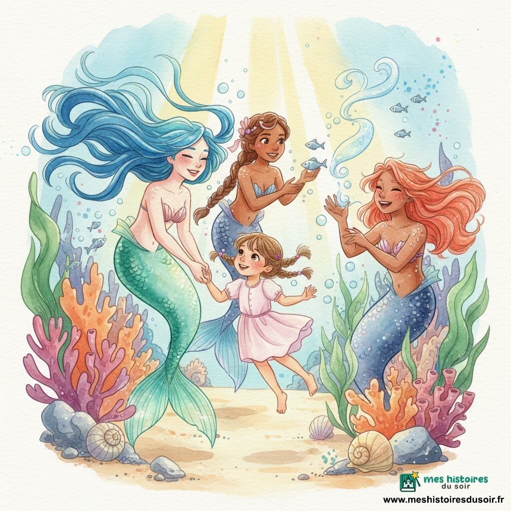 Luna, une sirène au visage doux et aux longs cheveux bleu électrique en rubans et à la queue irisée turquoise-vert, tient la main de Léa, une fillette de quatre ans en robe rose pâle et couettes, tandis qu'elles nagent doucement ; Océane, sirène aux cheveux corail et taches de nacre, rit en lançant des bulles lumineuses à droite, et Marin, sirène à la queue bleu sombre et natte de coquillages, joue avec un banc de poissons derrière elles, dans un jardin sous-marin de coraux, plantes ondulantes et coquillages scintillants baignés de colonnes de lumière, la scène exprimant découverte et joie.