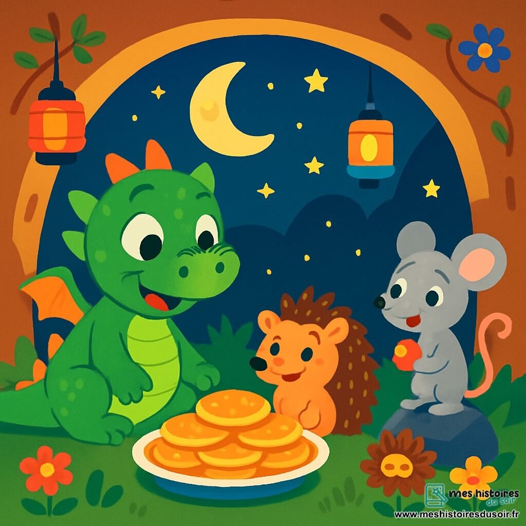 Un Petit Dragon aux écailles vertes et brillantes, avec de grands yeux pétillants de curiosité, sourit en regardant une assiette de galettes dorées. Il est assis sur l'herbe, entouré de fleurs colorées, impatient et heureux. À côté, Samir le hérisson, avec son pelage brun, regarde les galettes avec émerveillement, ses piquants scintillant sous la lumière de la lune. Lila la souris, avec son pelage gris, sourit en tenant un petit fruit juteux, partageant l'excitation du moment. La scène se déroule dans une grotte accueillante, illuminée par des lanternes colorées, ornée de fleurs et de dessins d'étoiles, créant une atmosphère chaleureuse. Petit Dragon et ses amis sont réunis autour d'un repas festif, riant et partageant des galettes, sous le regard bienveillant de la lune.