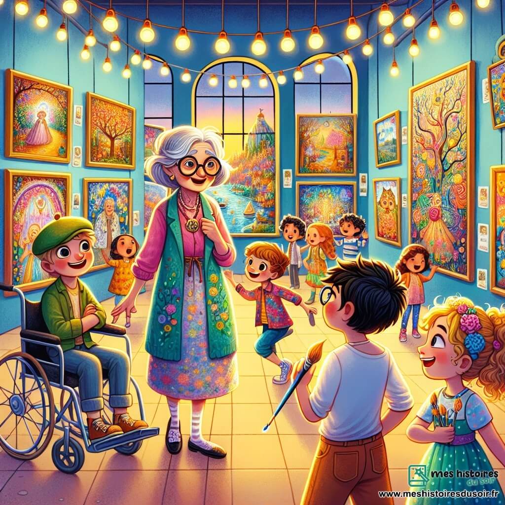 Dans une salle d'exposition lumineuse, Margaux, une femme âgée aux cheveux argentés et aux lunettes rondes, se tient au centre, entourée de ses tableaux colorés. À sa gauche, Sophie, une fille de 10 ans avec des cheveux bouclés, admire un dessin en tenant un pinceau. À sa droite, Tom, un garçon de 11 ans en fauteuil roulant, raconte une histoire avec enthousiasme. Lucas, un garçon de 10 ans avec des lunettes, ajuste le son d'un haut-parleur, tandis que Clara, une fille de 9 ans, danse devant les visiteurs émerveillés. La salle est décorée de guirlandes lumineuses et de ballons colorés, avec des murs ornés de tableaux vibrants. Margaux prend la parole devant une foule de visiteurs admiratifs, partageant son histoire de confiance en soi et d'art, soutenue par ses jeunes amis.