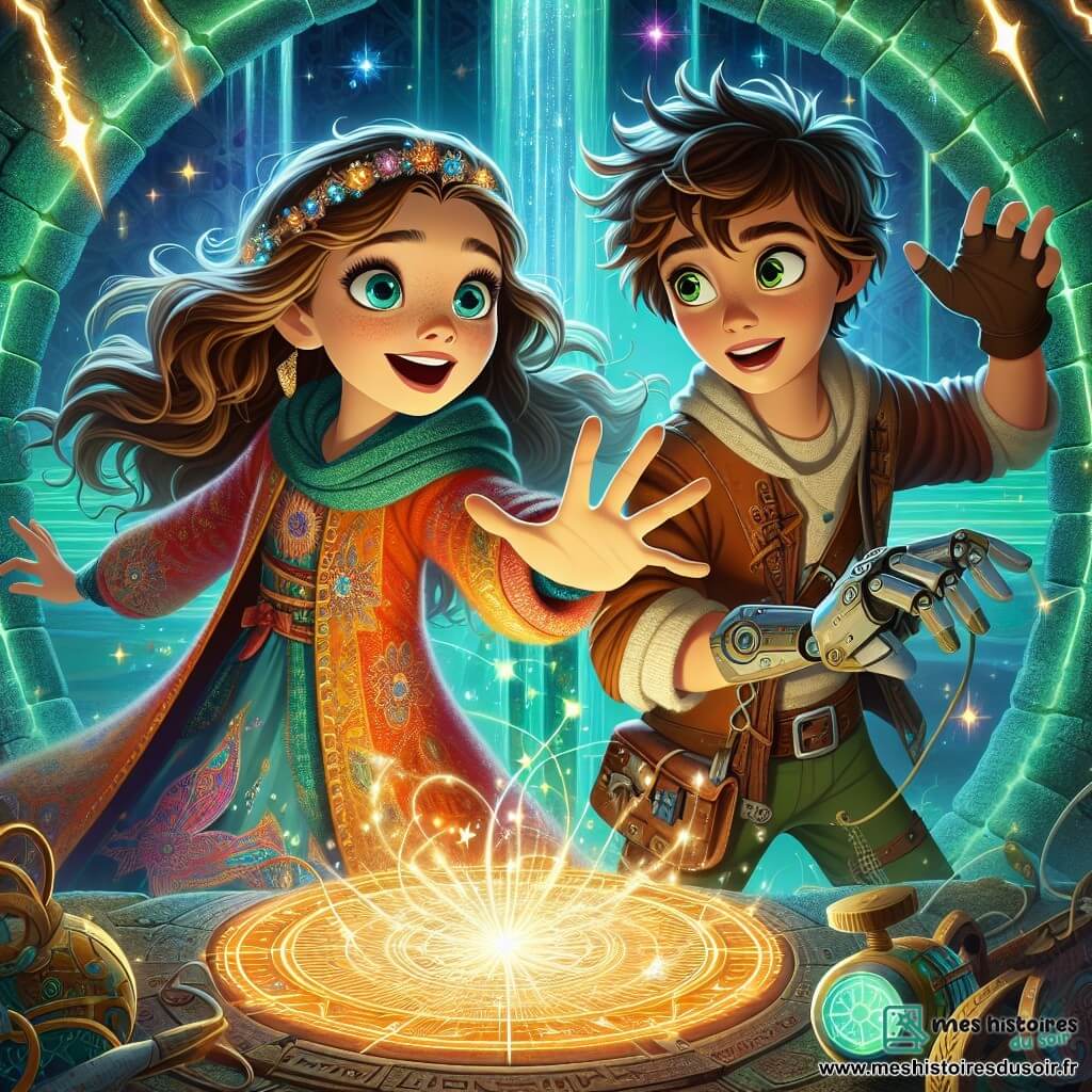 Au centre de l'image, Liora, une fille de 12 ans aux longs cheveux bruns et à la robe colorée ornée de motifs magiques, tend la main vers un orbe lumineux flottant. À ses côtés, Kael, également âgé de 12 ans, observe l'orbe avec admiration tout en manipulant une petite machine à vent. Ils se trouvent dans une grotte mystérieuse aux murs verts luminescents, remplie de cristaux flottants et de glyphes anciens. Liora et Kael sont prêts à affronter le Gardien de l'orbe, un serpent de pierre majestueux qui émerge des ombres.