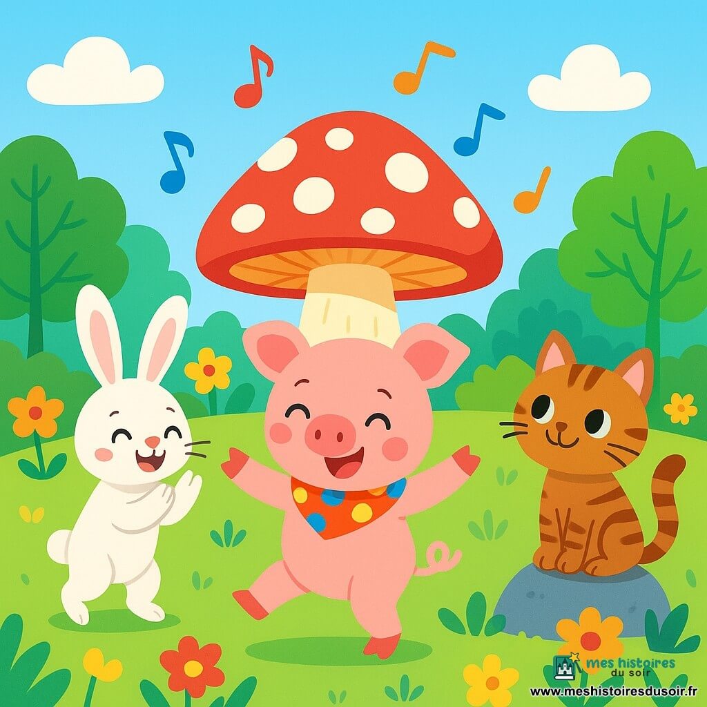 Un petit cochon rose, avec un foulard à pois colorés, danse joyeusement dans un grand champ verdoyant, rayonnant de bonheur. À côté, un lapin aux grandes oreilles blanches applaudit en sautillant, tandis qu'un chat tigré sourit en le regardant. En arrière-plan, un champignon géant rouge et blanc se dresse, entouré de fleurs colorées et d'arbres aux feuilles éclatantes. L'atmosphère est festive, avec des bulles de musique flottant dans l'air, tandis que les amis de Tim se rassemblent pour admirer sa danse.