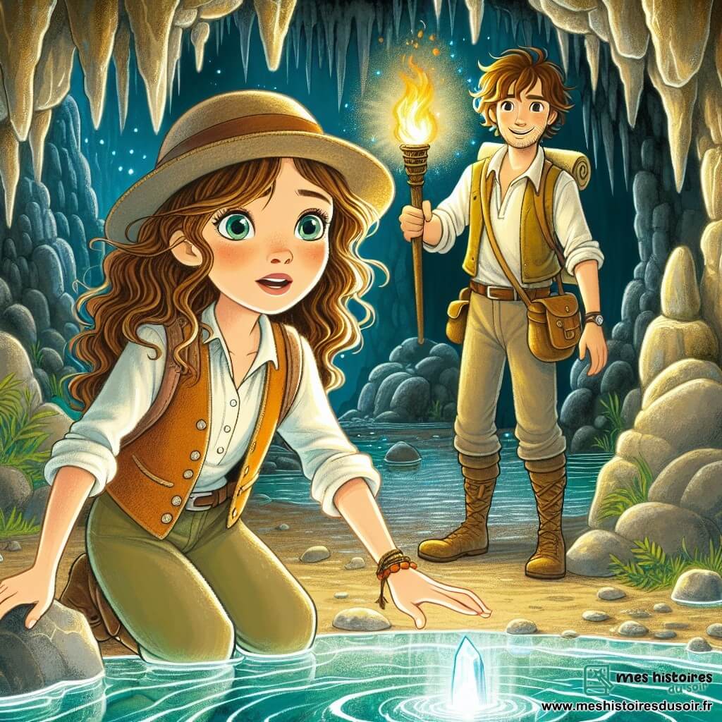 Léa, une jeune femme aux cheveux châtains ondulés et aux yeux curieux, se tient au bord d'une source d'eau cristalline dans une grotte mystérieuse. Vêtue d'un gilet d'exploratrice et d'un chapeau de paille, son visage exprime émerveillement et détermination alors qu'elle s'apprête à goûter à l'eau magique. À ses côtés, Hugo, un garçon robuste d'environ 25 ans avec des cheveux bruns en bataille et un sourire amical, tient une torche pour éclairer leur chemin, observant l'entrée de la grotte avec vigilance. La grotte, vaste et scintillante sous la lumière de la torche, est ornée de stalactites et d'une ambiance magique. Léa s'approche de la source, prête à découvrir ses secrets, tandis qu'une ombre menaçante se profile à l'entrée, suggérant que Victor, l'antagoniste, pourrait surgir à tout moment.