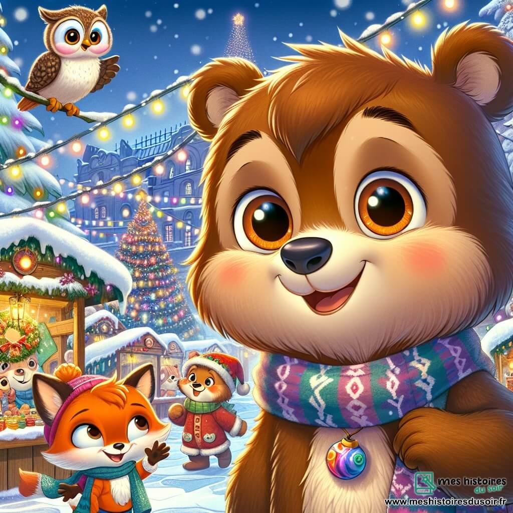 Un jeune ours nommé Oscar, avec une fourrure brune et un large sourire, est émerveillé par la magie de Noël. À ses côtés, une renarde nommée Zoé, avec un pelage orange et des taches blanches, tient une pomme d'amour colorée. Un hibou sage, perché sur une branche, observe la scène. Le marché de Noël se déroule dans un village enneigé, avec des stands décorés et des flocons de neige tombant doucement. Oscar, Zoé et le hibou sont prêts à vivre une aventure magique au cœur de ce marché enchanteur.