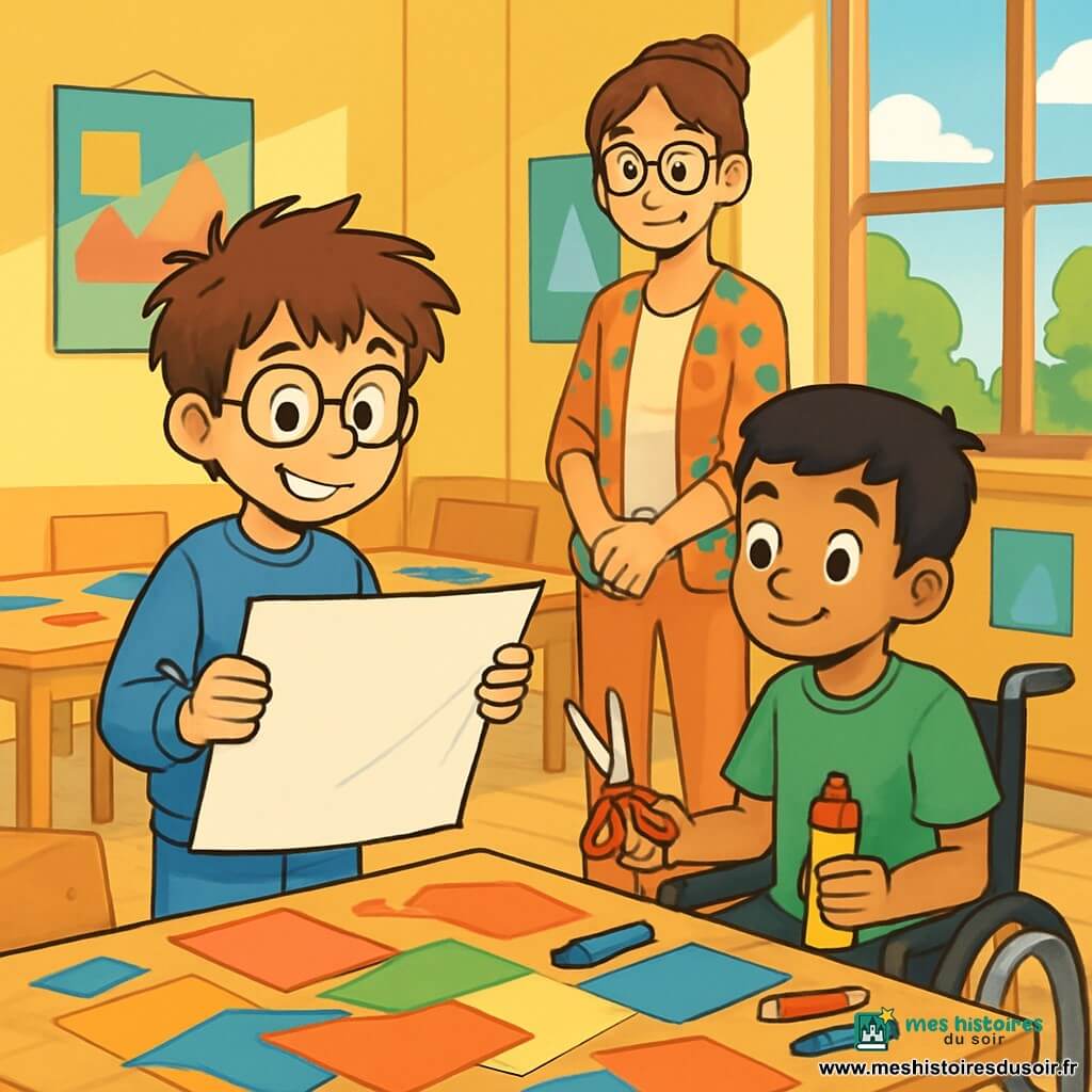 Il y a trois personnages : Lucas, un garçon de 9 ans avec des cheveux bruns en bataille et des lunettes rondes, portant un pull bleu et un jean, qui tient une grande feuille de papier avec un sourire déterminé ; Mehdi, un garçon de 9 ans aux cheveux noirs, assis dans un fauteuil roulant, portant un t-shirt vert et un short, tenant des ciseaux et un rouleau de colle ; et Madame Clara, une femme adulte aux cheveux châtains attachés, portant une blouse colorée, qui observe les enfants avec bienveillance. La scène se déroule dans une salle de classe lumineuse aux murs jaunes, avec des tables en bois en cercle et des fournitures d'art. Lucas et Mehdi travaillent ensemble sur un poster, concentrés et déterminés, tandis que Madame Clara les encourage. L’atmosphère est joyeuse et collaborative.