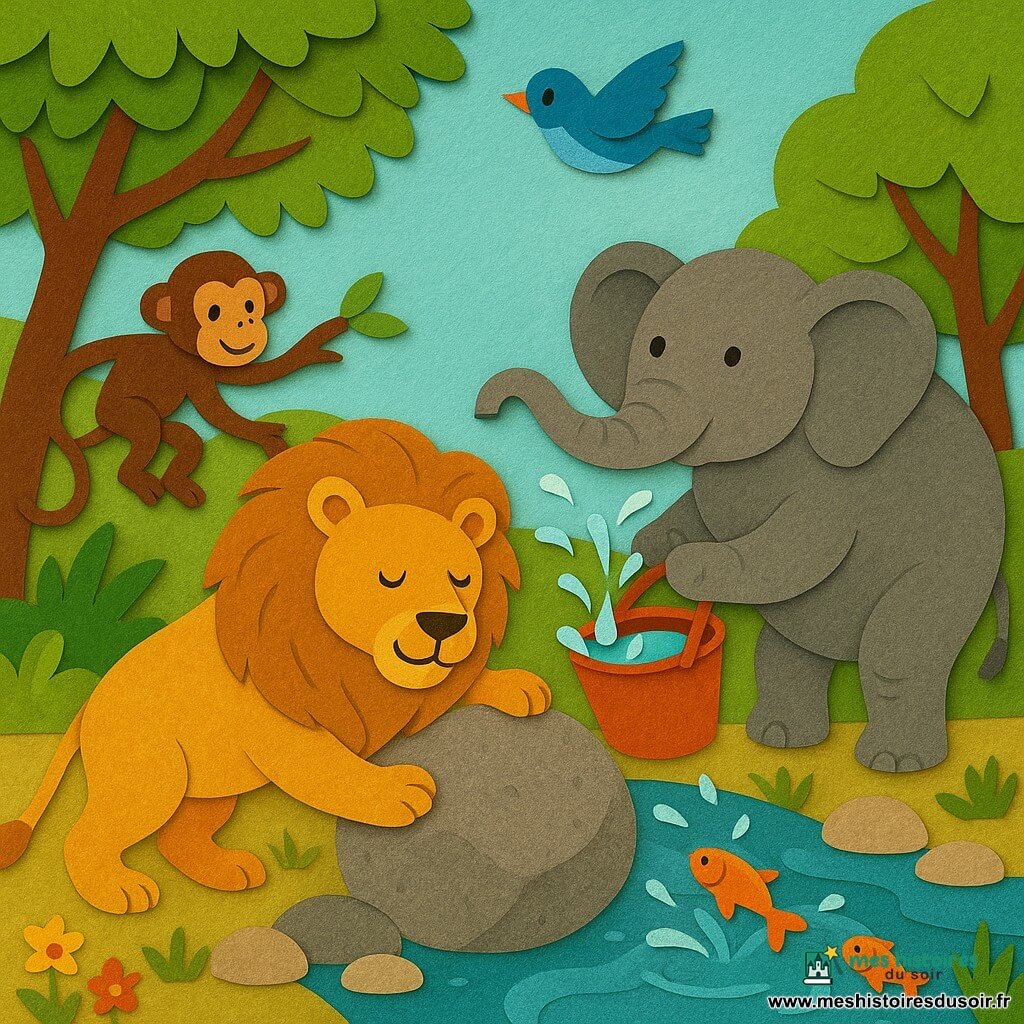 Un lion doux et sage à crinière dorée pousse un rocher, un éléphant gris tient un seau d'eau prêt à verser, un singe brun grimpe sur une branche à gauche et un petit oiseau bleu vole au-dessus pour montrer la direction; au bord d'un ruisseau redevenu clair avec pierres rondes, herbes et fleurs, le rocher roule, l'eau jaillit en gouttes brillantes avec poissons sautant, ambiance joyeuse et solidaire, couleurs vives, contours nets et textures papier visibles, composition simple et lisible.