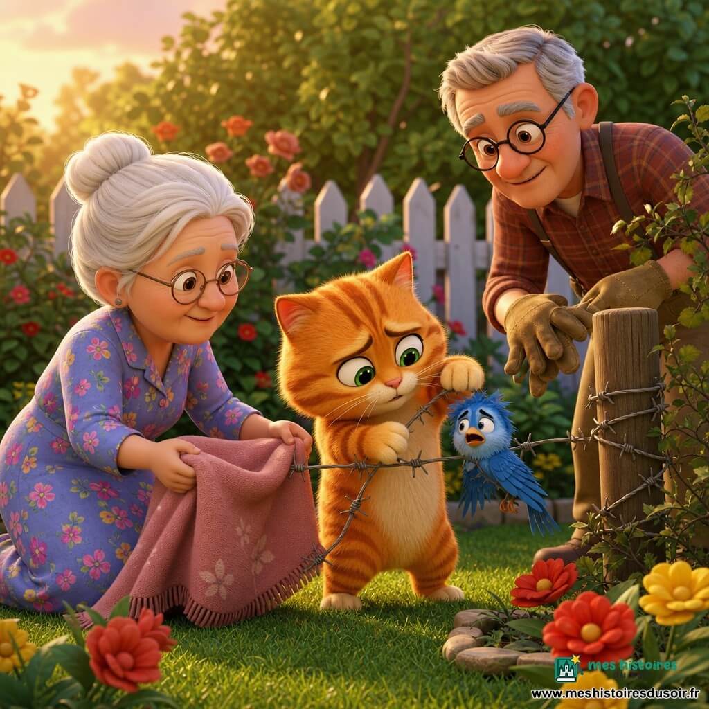 Un chat orange rayé au pelage duveteux et aux yeux verts, l'air embarrassé mais déterminé, se tient sur ses pattes arrière et tire doucement sur un fil de barbelé; un petit oiseau bleu aux plumes ébouriffées, effrayé mais soulagé, est accroché par une aile juste devant lui. À droite, un homme retraité d'environ 70 ans, cheveux gris courts, lunettes rondes et chemise à carreaux, tient des gants prêt à dégager le fil; à gauche, une femme d'environ 68 ans, cheveux blancs en chignon et robe fleurie, agenouillée, serre une couverture pour calmer l'oiseau. Le jardin lumineux et coloré — pelouse verte, parterre de fleurs rouges et jaunes, petite clôture blanche et buisson avec un piquet enroulé de fil barbelé —, baigné d'une douce lumière de fin d'après-midi, montre le sauvetage avec une petite tension comique.
