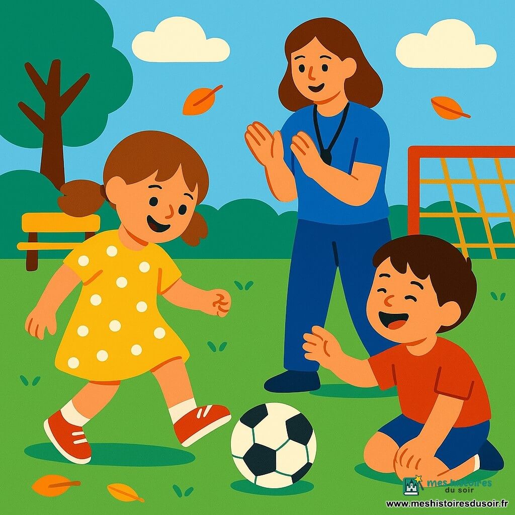 Lou, 4 ans, joyeuse et timide, cheveux châtain clair en couettes, baskets rouges et robe jaune à pois blancs, donne un petit coup de pied au ballon en souriant, Léo, environ 5 ans, cheveux bruns courts, à genoux en train de jouer et rire, Lou s'avance pour l'aider à se relever à droite, Mila, 4 ans, chapeau rond bleu et t-shirt vert, court en tendant la main en arrière-plan à gauche, coach Julie, environ 30 ans, tenue sportive bleue, souriante, tient un sifflet et applaudit à l'arrière, cour de récréation herbeuse avec petit but en bois peint en rouge, bancs en bois, feuilles qui tombent et ciel clair, scène : match amical de football avec ballon en cuir blanc et noir roulant vers Lou, enfants riant et gestes d'entraide, couleurs vives et formes arrondies style affiche enfantine.