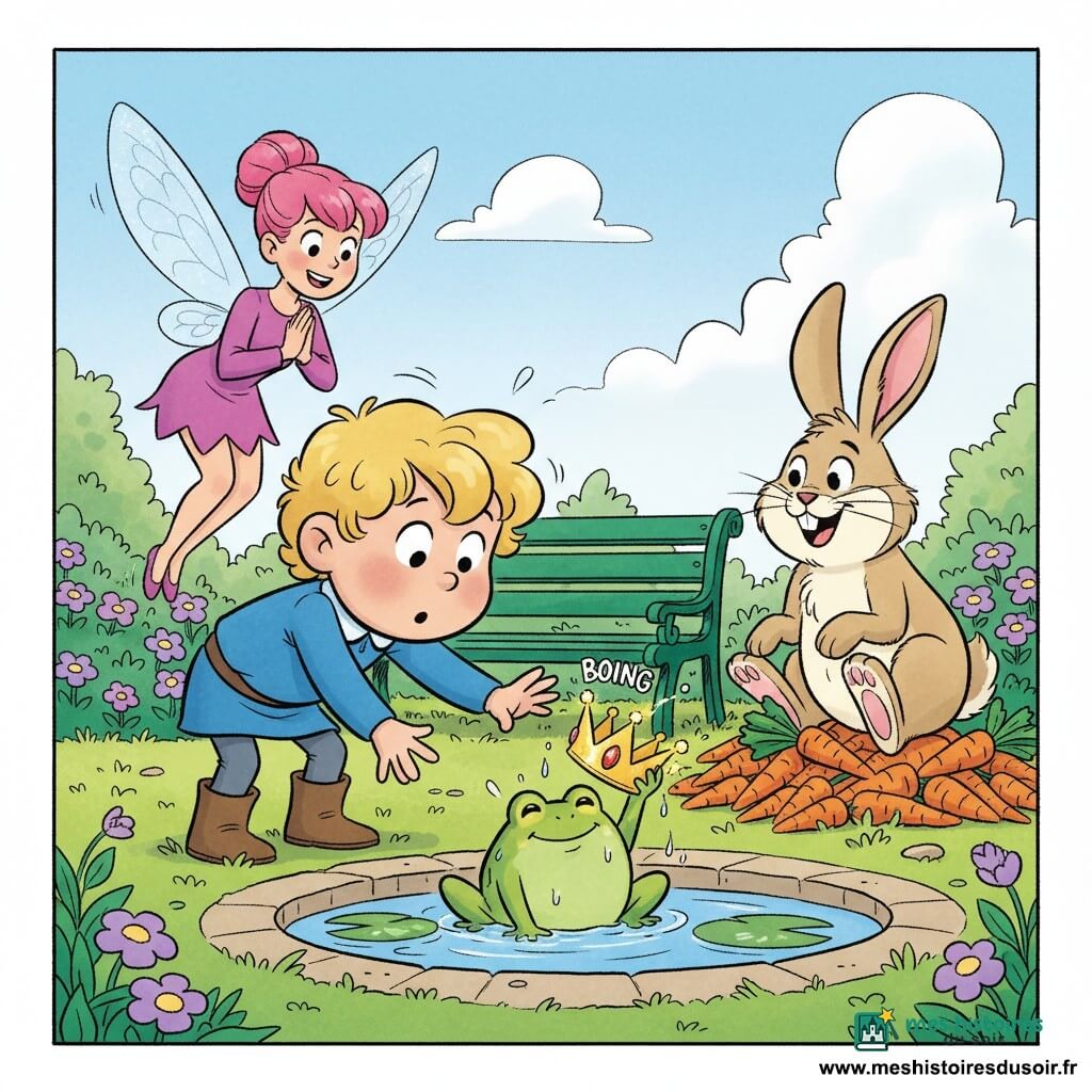 Pipo, petit prince blond aux cheveux bouclés et visage rond, en tunique bleue et bottines marron, se penche vers une mare pour reprendre sa couronne dorée qui a rebondi ; la fée Lili, petite adulte aux cheveux roses en chignon et ailes pailletées, flotte en riant derrière lui, un gros lapin gardien beige est assis sur un tas de carottes à droite en riant, et une grenouille verte ronde tient la couronne encore mouillée au bord de la mare dans un jardin de château coloré aux plates-bandes de carottes, nénuphars, fleurs mauves et banc vert — scène vive et animée aux couleurs vives.