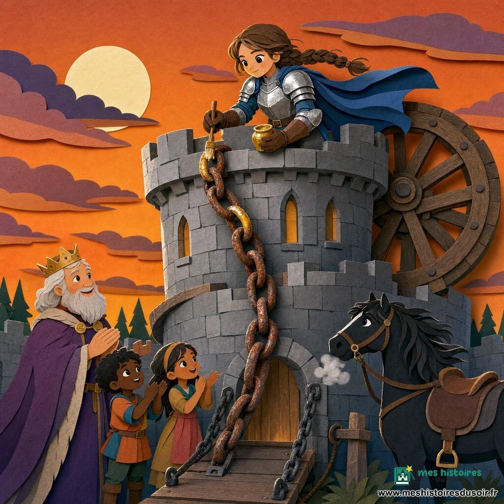 Chevaleresse jeune et déterminée, cheveux châtains tressés, en armure argentée et cape bleue, huilant d’une petite brosse un dernier maillon de chaîne rouillée en haut d’une tour de pierre; en bas, un vieux roi bienveillant en robe pourpre sourit depuis le pont-levis tandis qu’un cheval noir nommé Lumière, crinière en papier, attend attaché au pied de la tour et deux enfants du village applaudissent; décor de marche en colimaçon, grande roue en bois, fenêtres laissant voir un crépuscule orange et une lune pâle; composition centrée sur la chevaleresse, cape au vent, étincelles d’huile dorée sur la chaîne, ambiance chaleureuse, contrastes nets et formes simples.