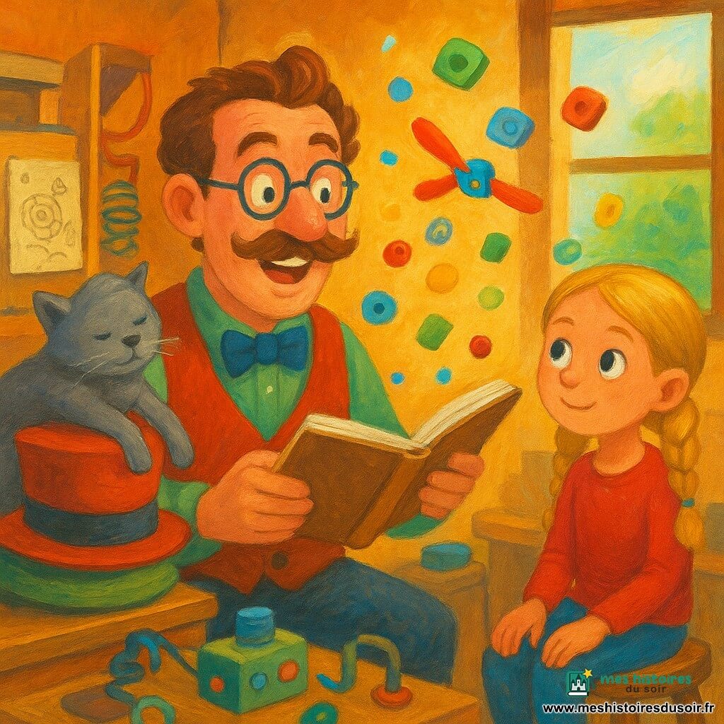 Monsieur Émile, un homme d'âge moyen avec une moustache touffue et des lunettes rondes, sourit émerveillé dans son atelier encombré. Il tient un carnet ouvert. À côté, Léa, une petite fille de 8 ans aux cheveux blonds en tresses, l'observe curieusement depuis un tabouret. Un chat gris, Biscotte, s'étire sur une pile de chapeaux. L'atelier est chaleureux, rempli de boîtes en bois, ressorts brillants et boutons multicolores, éclairé par une grande fenêtre. Monsieur Émile teste son invention, le "Vent Calme Qui Range", avec des objets flottant doucement vers leurs places.