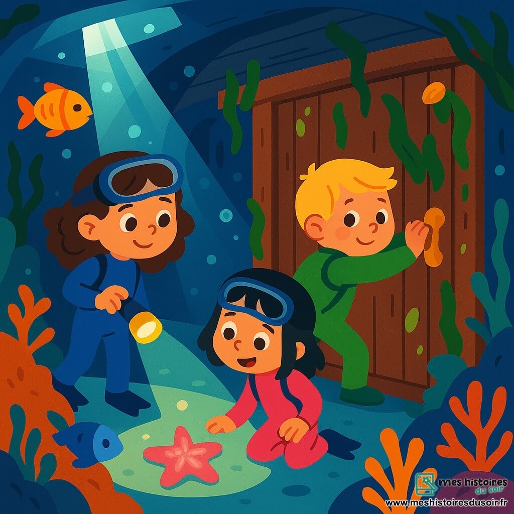 Trois personnages se trouvent dans une épave de bateau sous-marin : Léa, une fille de 8 ans aux cheveux bruns et bouclés, en combinaison de plongée bleue, tient une lampe ; Tom, un garçon de 7 ans aux cheveux blonds et courts, en combinaison verte, pousse une porte en bois ; et Zoé, une fille de 6 ans aux cheveux raides et noirs, en combinaison rose, admire une étoile de mer rose. L'épave est entourée de coraux colorés et de poissons, avec des murs couverts d'algues et de coquillages, créant une ambiance magique. Les enfants explorent ensemble cette aventure sous-marine pleine de curiosité et d'amitié.