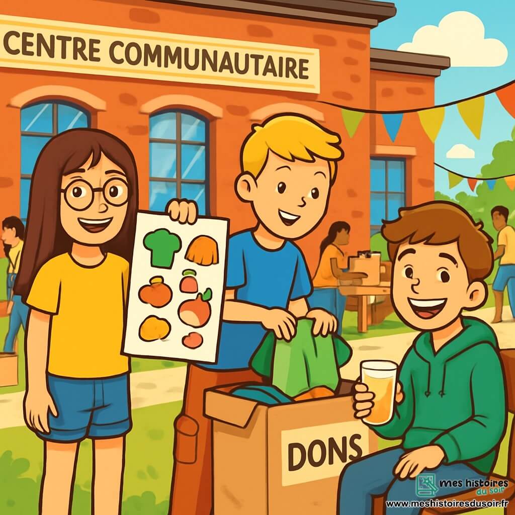 Il y a trois personnages : Léa, une fille de 10 ans avec de longs cheveux bruns et des lunettes rondes, portant un t-shirt jaune et un short en jean, souriante avec une affiche colorée ; Max, un garçon de 11 ans aux cheveux blonds, en t-shirt bleu et pantalon cargo, triant des vêtements dans une boîte ; et Tom, un garçon de 10 ans avec des cheveux châtains, en sweat à capuche vert et jean, assis avec un verre de limonade. L'action se déroule au centre communautaire du village, un bâtiment en briques rouges, avec des tables décorées à l'extérieur. Les amis organisent une collecte de vêtements et de nourriture pour aider les familles dans le besoin, créant une atmosphère de solidarité et de joie.