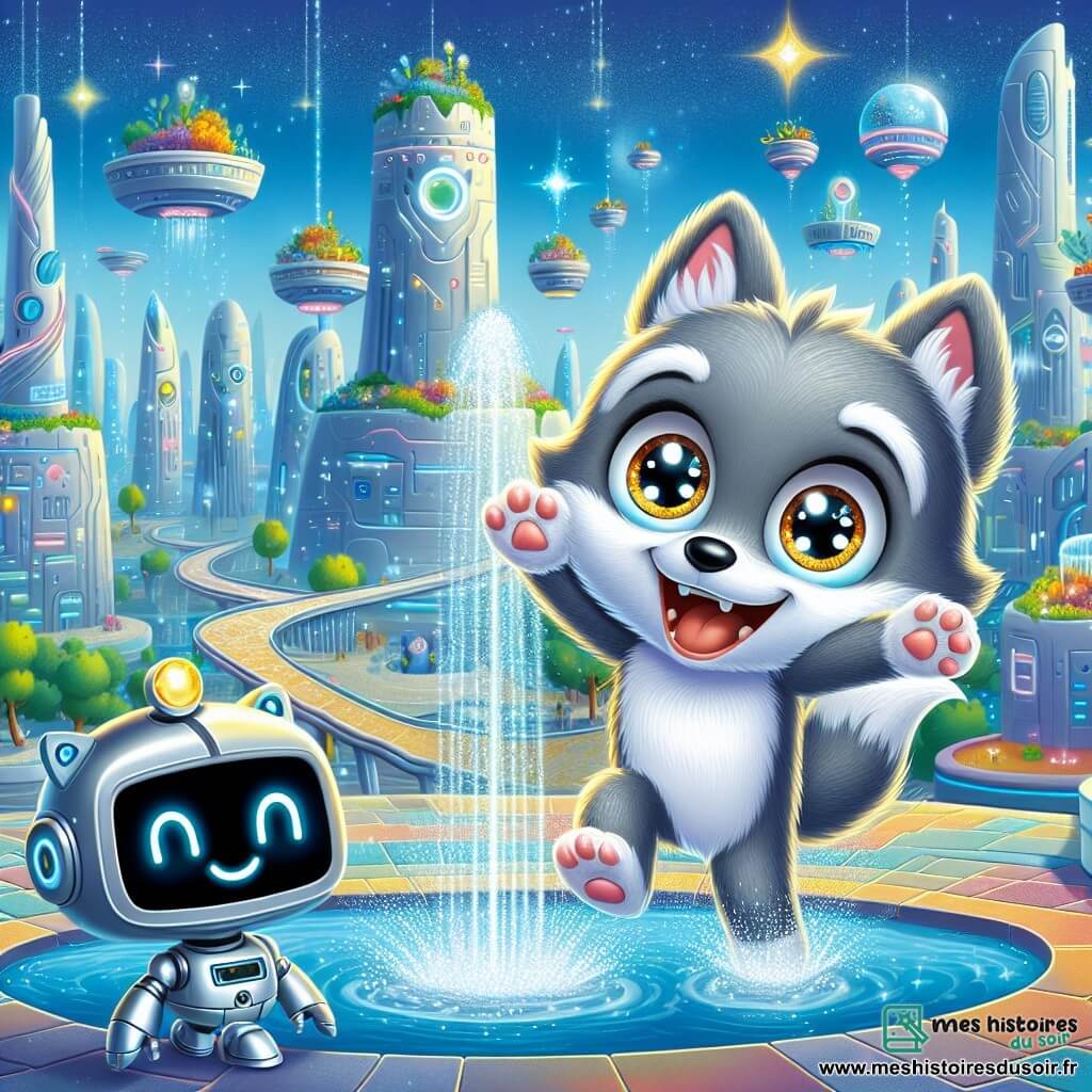 Un petit loup nommé Loulou, avec une fourrure douce et grise, des yeux brillants et un grand sourire, saute joyeusement dans une fontaine de Lumiville, éclaboussant des gouttes d'eau scintillantes. À proximité, un robot amical nommé Robo, avec un corps en métal argenté et un écran souriant, observe Loulou en riant. En arrière-plan, la ville futuriste de Lumiville se déploie avec des bâtiments en forme de fleurs géantes, des jardins suspendus et des routes brillantes, le tout sous un ciel bleu éclatant. La scène capture le moment joyeux où Loulou découvre la magie de la ville, entouré de rires et de couleurs vives.