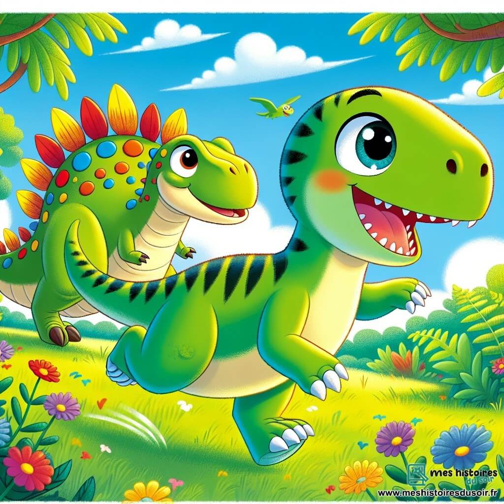 Un vélociraptor aux plumes vertes et jaunes, avec de grands yeux curieux et un sourire déterminé, court joyeusement dans une plaine verdoyante. À ses côtés, un stégosaure amical, avec des plaques colorées sur le dos et un air inquiet, scrute l'horizon à la recherche d'une ombre mystérieuse. La scène se déroule sous un ciel bleu éclatant, parsemé de nuages blancs, tandis que des fleurs colorées et des fougères entourent la plaine. Riko, le vélociraptor, s'élance avec enthousiasme, prêt à partir à l'aventure pour découvrir l'origine de l'ombre inquiétante.