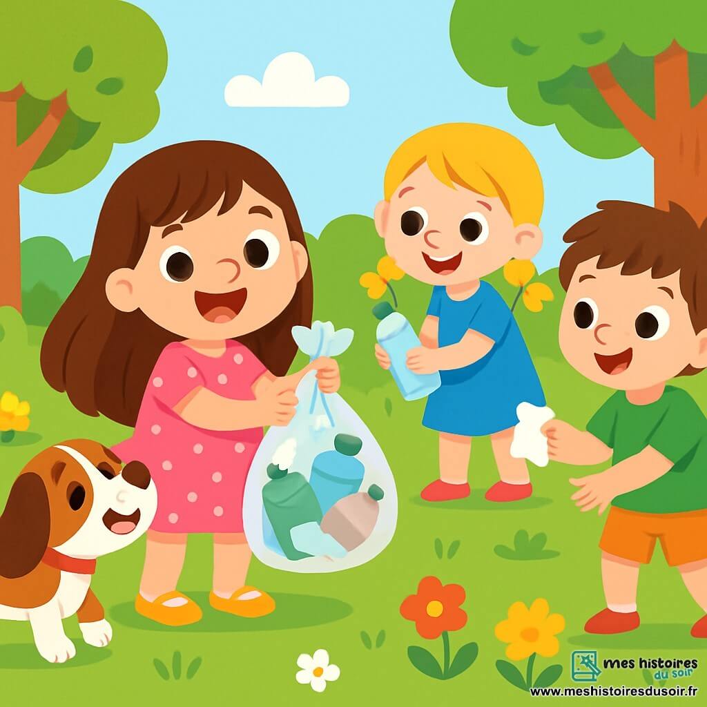 Une petite fille de 4 ans, avec de longs cheveux bruns et des yeux pétillants, sourit en tenant un sac en plastique rempli de déchets. Elle porte une robe rose à pois et des sandales jaunes, tandis que son beagle aboit à ses côtés. Près d'elle, une fille de 5 ans avec des cheveux blonds en tresses et une robe bleue ramasse des bouteilles en plastique, souriante. Un garçon de 4 ans avec des cheveux châtains et un t-shirt vert s'apprête à jeter un papier dans le sac. Le jardin est verdoyant avec des fleurs colorées et un bac de recyclage vert. Les enfants s'activent en riant pour nettoyer le jardin et le rendre plus beau et respectueux de la nature.