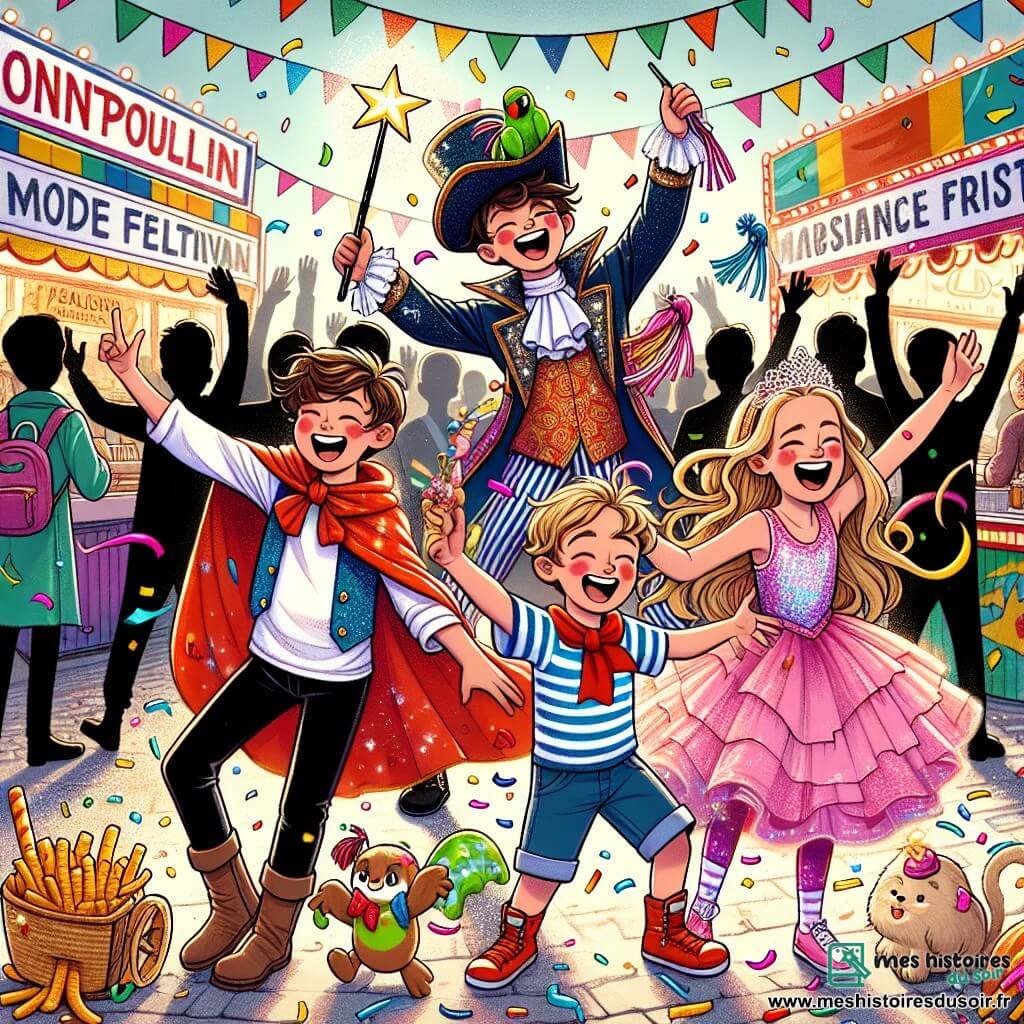 Lors du carnaval de Montpoulain, quatre amis se tiennent ensemble dans une ambiance festive. Nathan, un garçon de onze ans, est déguisé en pirate avec un chapeau noir et un faux perroquet. Léo, dix ans, est un magicien avec une cape noire et une baguette magique. Clara, dix ans, brille dans sa robe de princesse rose, tandis que Sam, onze ans, se présente en super-héros avec une cape rouge. Le décor est coloré, avec des banderoles, des stands de nourriture et des danseurs en costumes. Les amis rient et s'amusent, entourés de jongleurs et d'artistes, créant une atmosphère joyeuse.