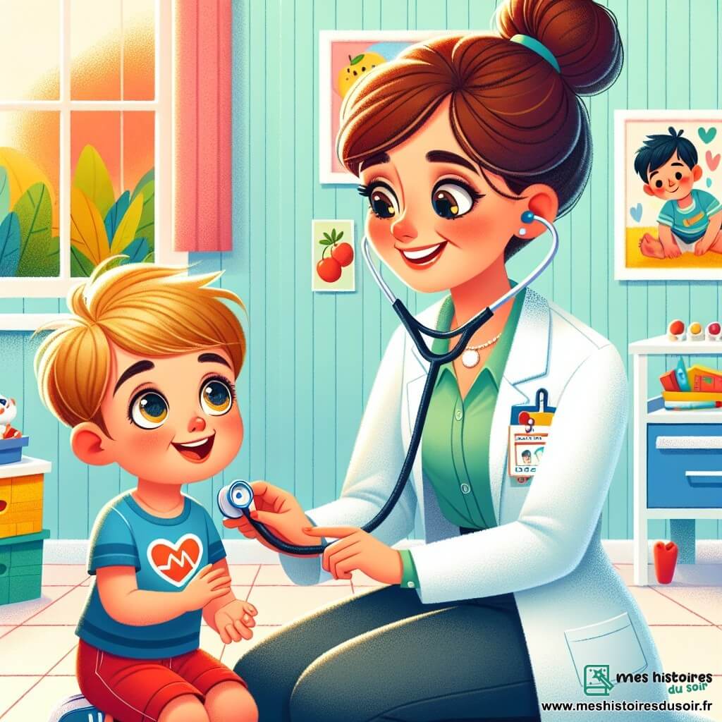 Une femme médecin, Docteur Zoé, souriante, porte une blouse blanche et un stéthoscope. Elle écoute le cœur d'un petit garçon avec bienveillance. À côté, un garçon de 6 ans, aux cheveux blonds en bataille, regarde avec curiosité, tenant un dessin de son héros. Le cabinet médical est lumineux, avec des murs verts pastel et des jouets au sol. Docteur Zoé explique au garçon le fonctionnement du stéthoscope, tandis qu'il sourit, fasciné par le bruit du cœur.