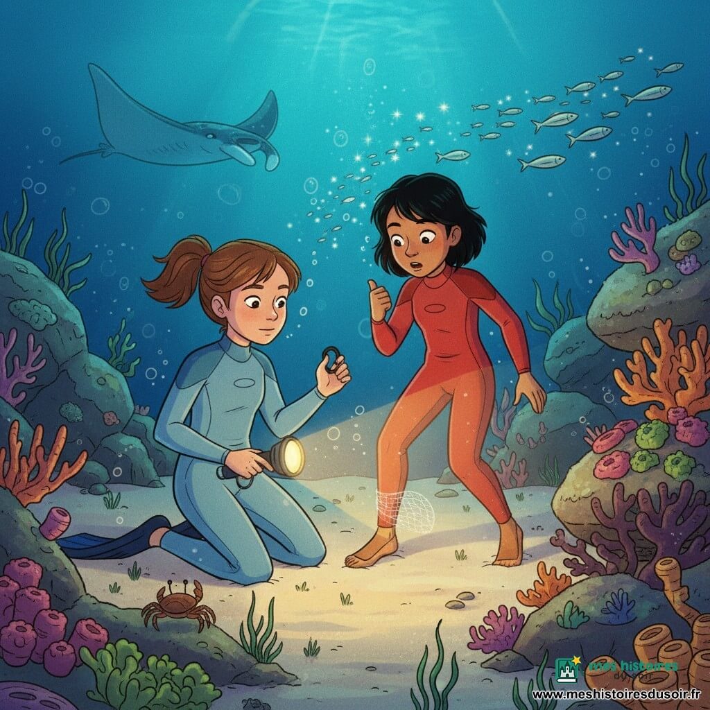 Deux fillettes de 11 ans plongent au crépuscule sur un récif peu profond : Maëlle, châtain avec une petite queue de cheval, visage concentré, en combinaison bleu clair, agenouillée sur le sable translucide, tient une petite bague en caoutchouc noire dans la main droite et éclaire la scène avec une lampe étanche à gauche ; Inès, cheveux noirs courts, expression surprise mais rassurée, en combinaison rouge, légèrement à droite et en retrait, a un filet transparent accroché à la cheville gauche et montre le pouce levé vers Maëlle. Autour d’elles, rochers moussus couverts d’anémones roses et vertes, coraux orange et violet, bancs de petits poissons argentés, un petit crabe brun et quelques algues ; une grande raie passe en arrière-plan. Maëlle aide Inès avec une mini-lame de sécurité ; des bulles s’échappent de leurs détendeurs. Atmosphère calme, couleurs chaudes et lumineuses, style bande dessinée aux contours doux et textures fines.