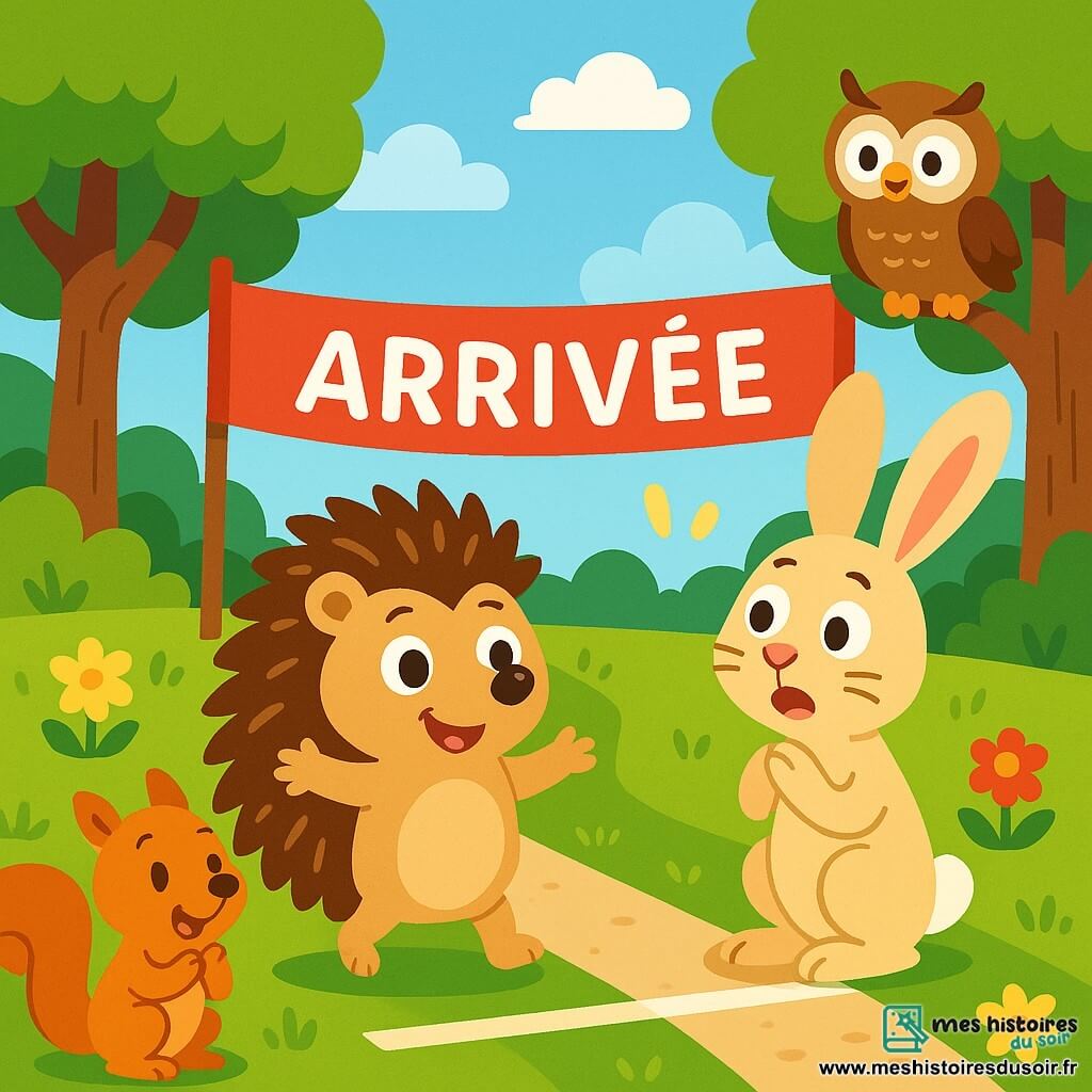 Un petit hérisson aux piquants bruns et dorés, avec de grands yeux ronds, se tient joyeusement à la ligne d'arrivée d'une course, un sourire fier sur le visage. À côté de lui, un lièvre aux grandes oreilles et à la fourrure beige, avec une expression surprise, regarde le hérisson avec respect. La scène se déroule dans une forêt verdoyante, avec des arbres majestueux et un ciel bleu clair. Le hérisson vient de remporter la course, et le lièvre réalise qu'il a sous-estimé son ami. Ils sont entourés de leurs amis, l'écureuil et la chouette, qui les encouragent.