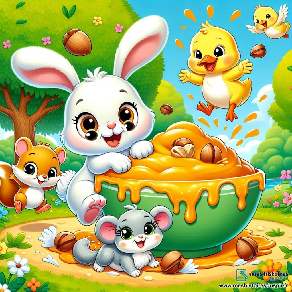 Dans une clairière ensoleillée, Petit Lapin, un lapin aux grandes oreilles et au pelage blanc, saute joyeusement avec un grand sourire. À ses côtés, Mimi la Souris, espiègle et pleine d'énergie, rit aux éclats. Polo le Canard, avec son plumage jaune, fait des pirouettes en poussant des « coin coin ! » joyeux, tandis que Lili l’Écureuil grimpe sur une branche, prête à sauter. La clairière est entourée d'arbres verts et de fleurs colorées. Au centre, un grand bol rempli d'une pâte orange est posé sur l'herbe, éclaboussé de farine et de noisettes. Les amis s'amusent à préparer un gâteau géant à la carotte, créant une scène pleine de joie.
