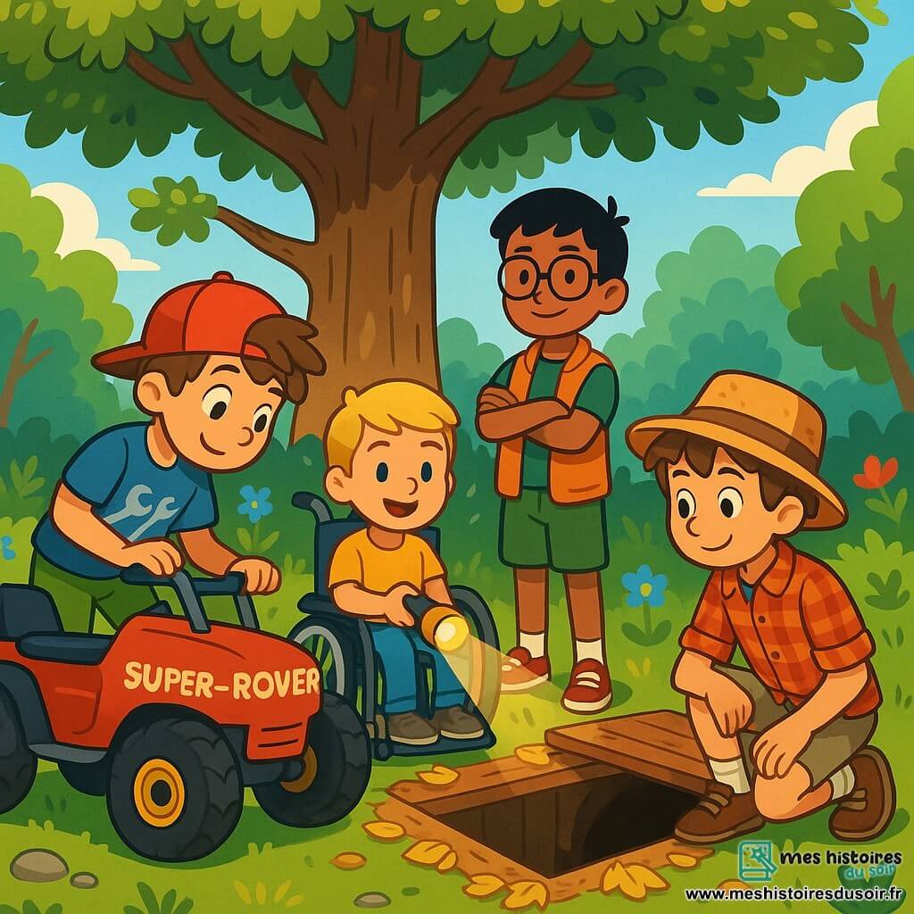 Quatre enfants se tiennent devant une trappe ouverte dans un vieux parc verdoyant. Lucas, 10 ans, cheveux bruns en bataille, vérifie les roues du "Super-Rover". Samir, également 10 ans, avec des cheveux noirs et des lunettes, se tient debout, souriant, prêt à entrer dans le tunnel. Pablo, 10 ans, cheveux blonds, est assis dans son fauteuil roulant, tenant une lampe de poche. Hugo, 10 ans, cheveux châtains sous un chapeau de paille, observe le tunnel avec curiosité. Le parc est rempli d'arbres majestueux et de fleurs colorées, avec un grand chêne cachant la trappe en bois. Les enfants, excités et nerveux, échangent des regards d'aventure, prêts à explorer l'inconnu.