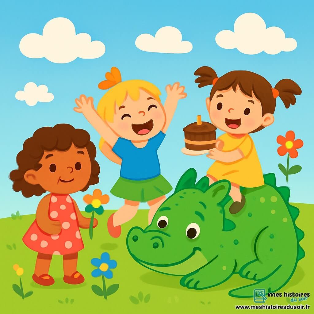 Il y a quatre personnages : Lila, une petite fille de 4 ans aux cheveux bouclés et bruns, souriante dans sa robe rose à pois blancs, tenant une fleur colorée ; Zoé, une petite fille de 4 ans aux cheveux blonds et raides, dansant joyeusement en tunique bleue et jupe verte ; Mia, une petite fille de 4 ans aux cheveux châtains en couettes, assise sur le dos d'un dragon en mousse, tenant un gâteau au chocolat ; et le dragon, une créature douce et moelleuse, verte avec des écailles brillantes, allongé au sol avec un grand sourire. Le décor est une clairière enchantée, entourée de fleurs colorées et d'herbe verte, sous un ciel bleu avec des nuages. Les personnages célèbrent une fête joyeuse, remplis de bonheur dans une atmosphère magique et festive.