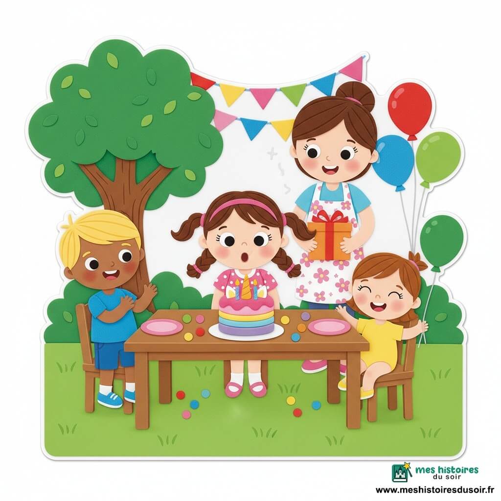 Lila, 4 ans, cheveux bruns en couettes, robe rose à pois blancs, souffle les bougies d'un gâteau licorne coloré au centre; Tom, ~5 ans, cheveux blonds courts, t-shirt bleu, applaudit à gauche; Mia, 2 ans, cheveux châtain clair, body jaune, rit en tenant un ballon vert à droite; Mademoiselle Chloé, cheveux attachés, tablier à fleurs, tient la boîte à cadeaux derrière la table; jardin ensoleillé avec pelouse et grand arbre, guirlandes et bouquets de ballons, table en bois décorée; gâteau à crème multicolore et corne dorée, bougies fumantes; ambiance festive, couleurs vives, formes rondes et expressions exagérées, composition centrée sur Lila.