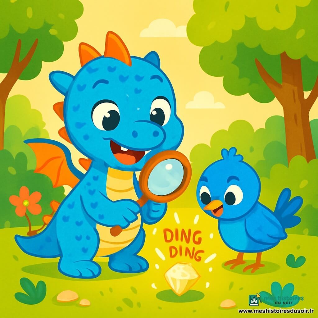Un petit dragon bleu aux écailles scintillantes, avec de grands yeux joyeux, se tient au centre de l'image en souriant et tenant une loupe. À côté de lui, un oiseau bleu curieux regarde une pierre brillante dans l'herbe. Le décor est une clairière ensoleillée, entourée d'arbres verts et de fleurs colorées. Le dragon et l'oiseau découvrent une pierre qui émet un doux « ding-ding » en étant touchée, entourés de lumière et de magie, exprimant l'excitation d'une aventure.