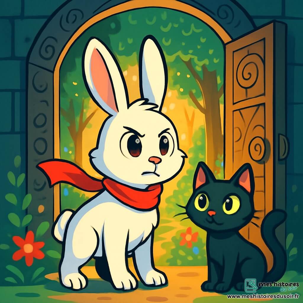 Un lapin blanc nommé Félix se tient au centre de l'image, avec un air déterminé. Son pelage est éclatant et il porte une écharpe rouge. À ses côtés, une chatte noire nommée Mia, avec des yeux verts, regarde avec excitation. En arrière-plan, une porte ornée de gravures s'ouvre sur un monde enchanteur, avec des arbres scintillants et des fleurs colorées. La scène évoque magie et aventure, alors que Félix et Mia s'apprêtent à entrer dans ce royaume caché, illuminé par une lumière dorée.