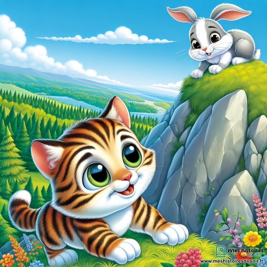 Félix, un petit chat tigré aux grands yeux brillants et au sourire déterminé, se tient sur une montagne escarpée, prêt à sauver son ami le lapin. Il est en position de saut, prêt à bondir. Le lapin, avec de grandes oreilles et un pelage blanc, est piégé dans un nid en haut de la montagne, regardant Félix avec espoir. La scène se déroule sur une montagne verdoyante, avec des rochers gris et des fleurs colorées, sous un ciel bleu parsemé de nuages blancs. Félix, courageux et déterminé, s'apprête à grimper pour sauver son ami, prouvant qu'un petit chat peut accomplir de grandes choses.