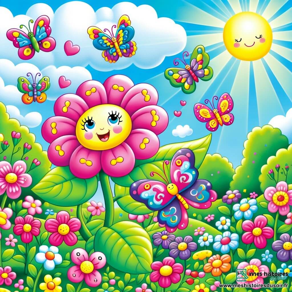 Dans un jardin coloré, une petite fleur rose nommée Fleurie danse joyeusement sous le soleil, entourée de feuilles vertes. À ses côtés, des papillons multicolores volent en tournoyant, s'amusant à la suivre. Le jardin est rempli de fleurs variées, d'arbres majestueux et d'un ciel bleu parsemé de nuages blancs. Fleurie et ses amis célèbrent la beauté du printemps et de la nature qui s'éveille.