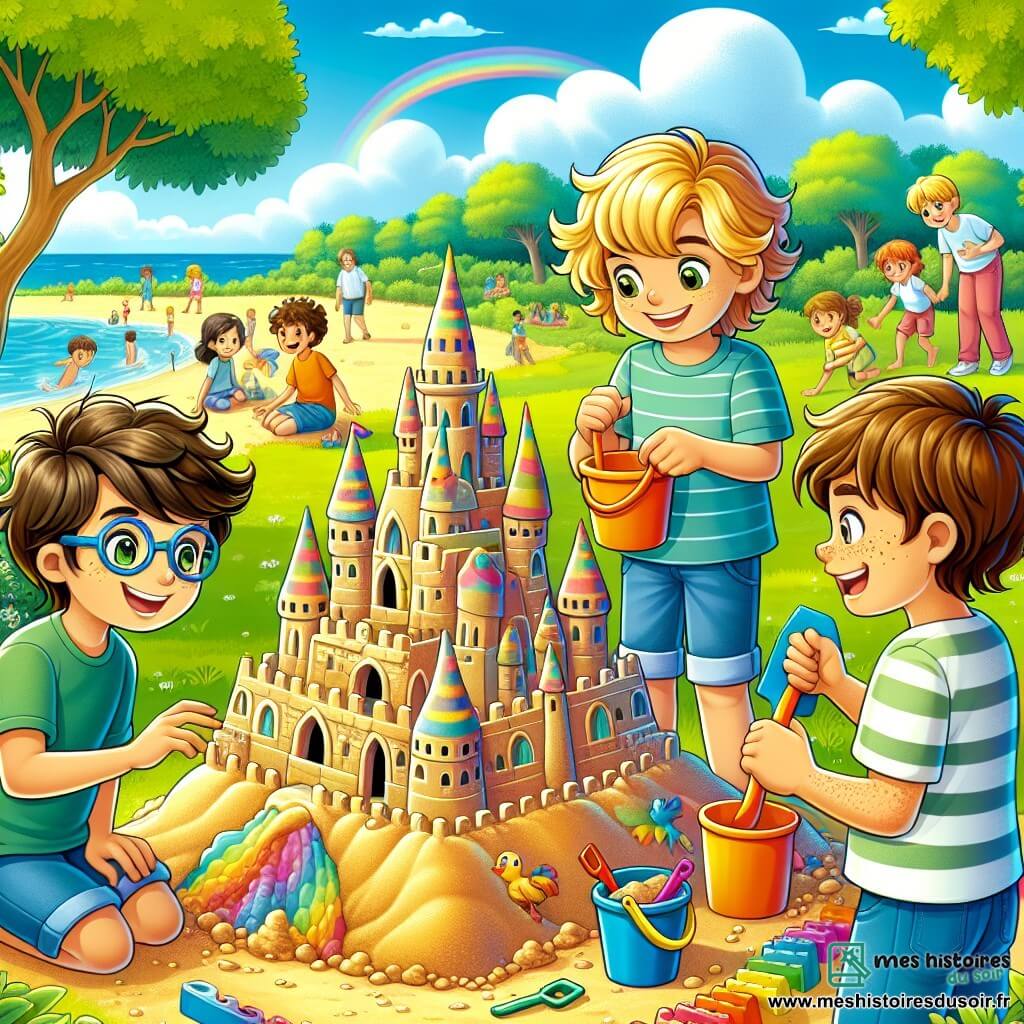 Dans un parc ensoleillé, trois garçons de onze ans, Lucas, Maxime et Nathan, sont réunis autour d'un immense château de sable. Lucas, au centre avec une pelle colorée, affiche un sourire excité. Maxime, à sa droite, observe le château avec émerveillement, un seau à la main, tandis que Nathan, à gauche, sculpte un dragon de sable, concentré. Le parc verdoyant est ombragé par des arbres, sous un ciel bleu avec quelques nuages. Les garçons discutent joyeusement de leur "concours de châteaux" tandis qu'un groupe d'enfants plus âgés les observe, créant une atmosphère ludique mais tendue, car Lucas cache un mensonge sur leur jeu.