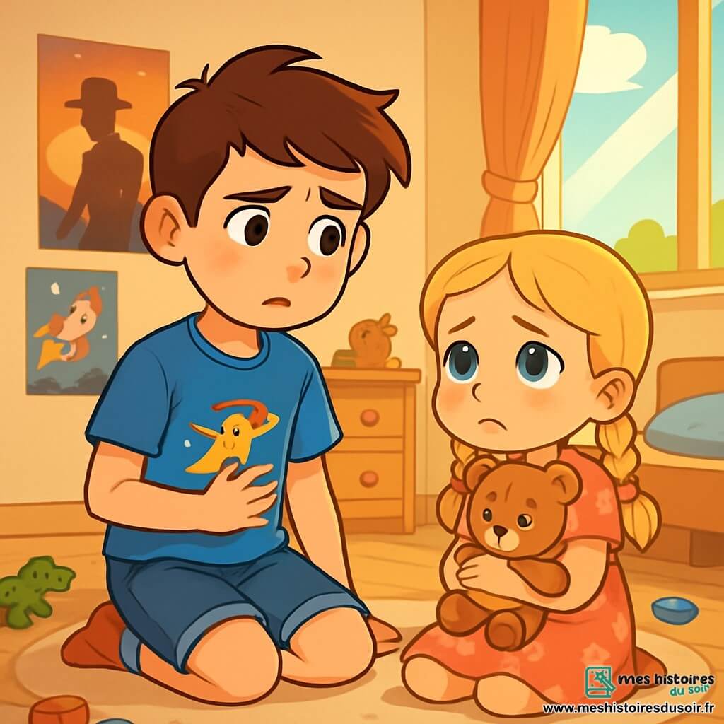 Lucas, 12 ans, aux cheveux châtains et aux yeux pétillants, est dans sa chambre, l'air inquiet. Il porte un t-shirt bleu avec un motif de super-héros et un short en jean. À côté de lui, sa sœur Emma, 7 ans, avec des cheveux blonds en tresses et des yeux ronds, le regarde en pleurant, tenant un ours en peluche. La chambre est décorée de posters de films d'aventure et de jouets éparpillés. Un rayon de soleil illumine la pièce, contrastant avec l'inquiétude des enfants. Ils sont assis sur le tapis, discutant sérieusement de la dispute de leurs parents. Lucas essaie de réconforter Emma, qui cherche des réponses.